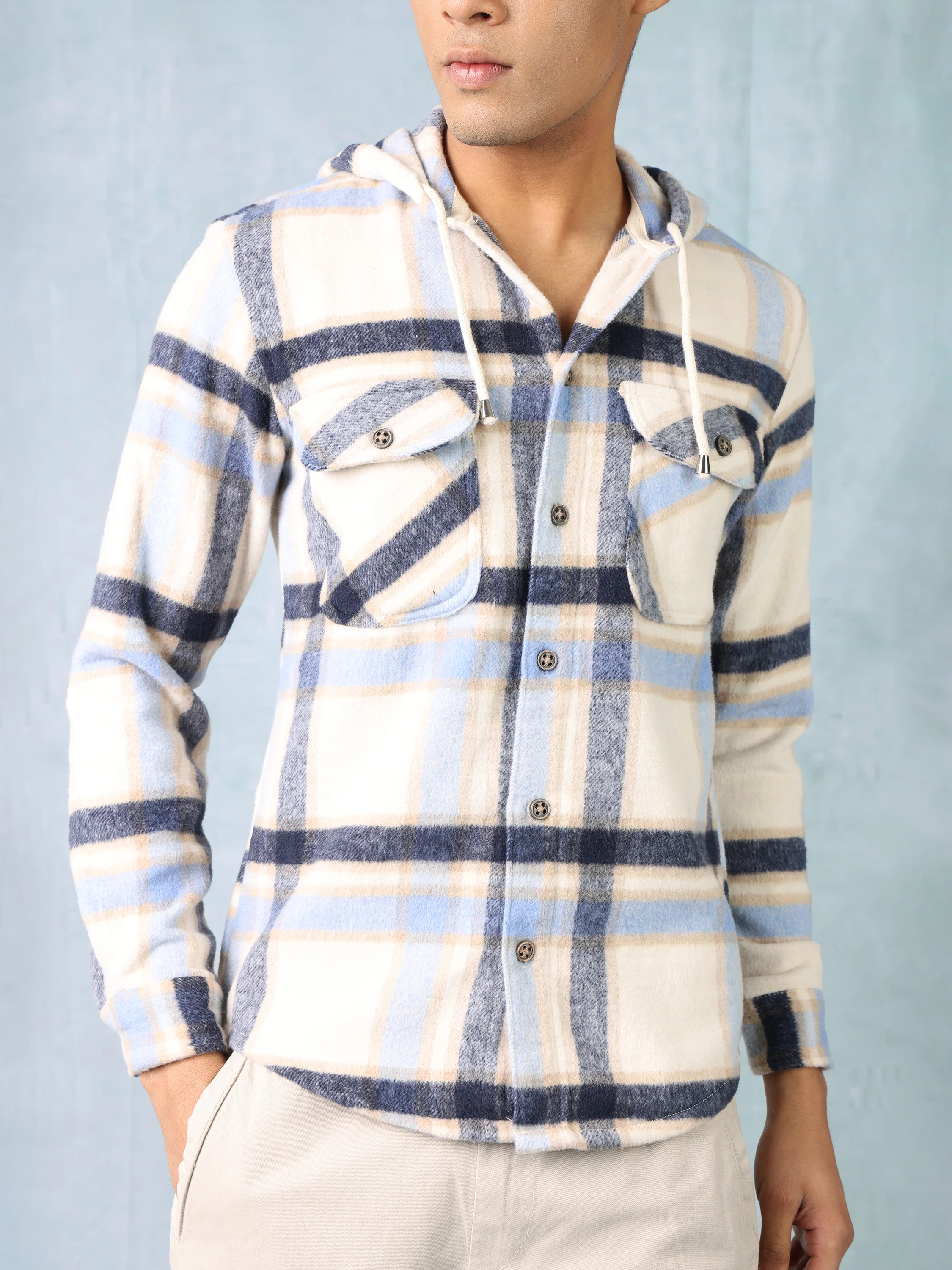 Men Blue Grey Comfort Fit Shacket - Image 6