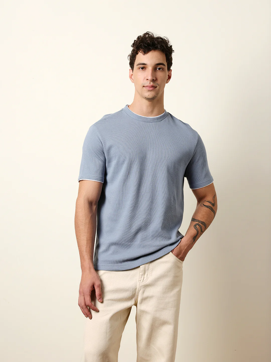 Men Blue Half Sleeve Regular T-Shirt - Image 3