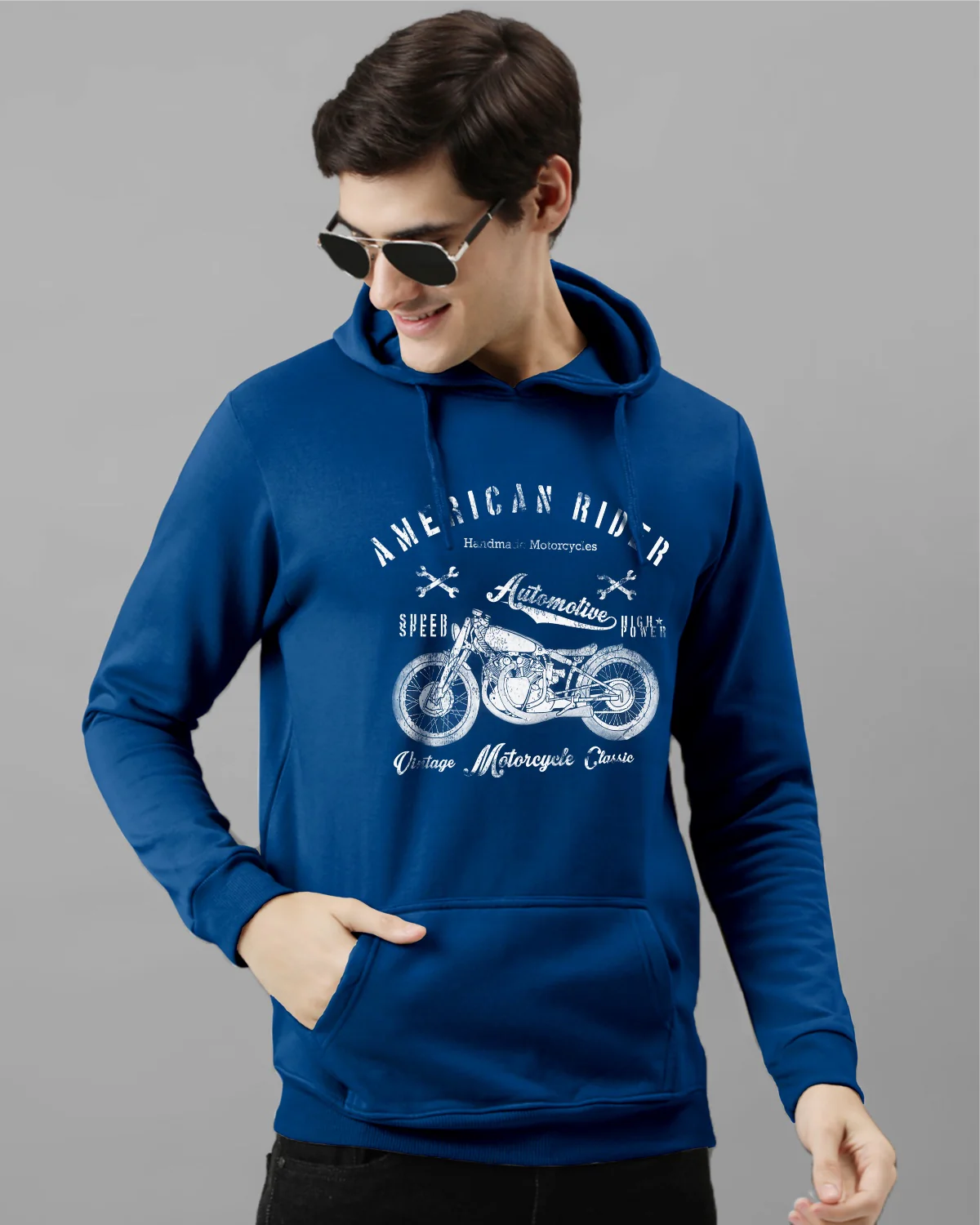 Men Blue Printed Hoodie - Image 2