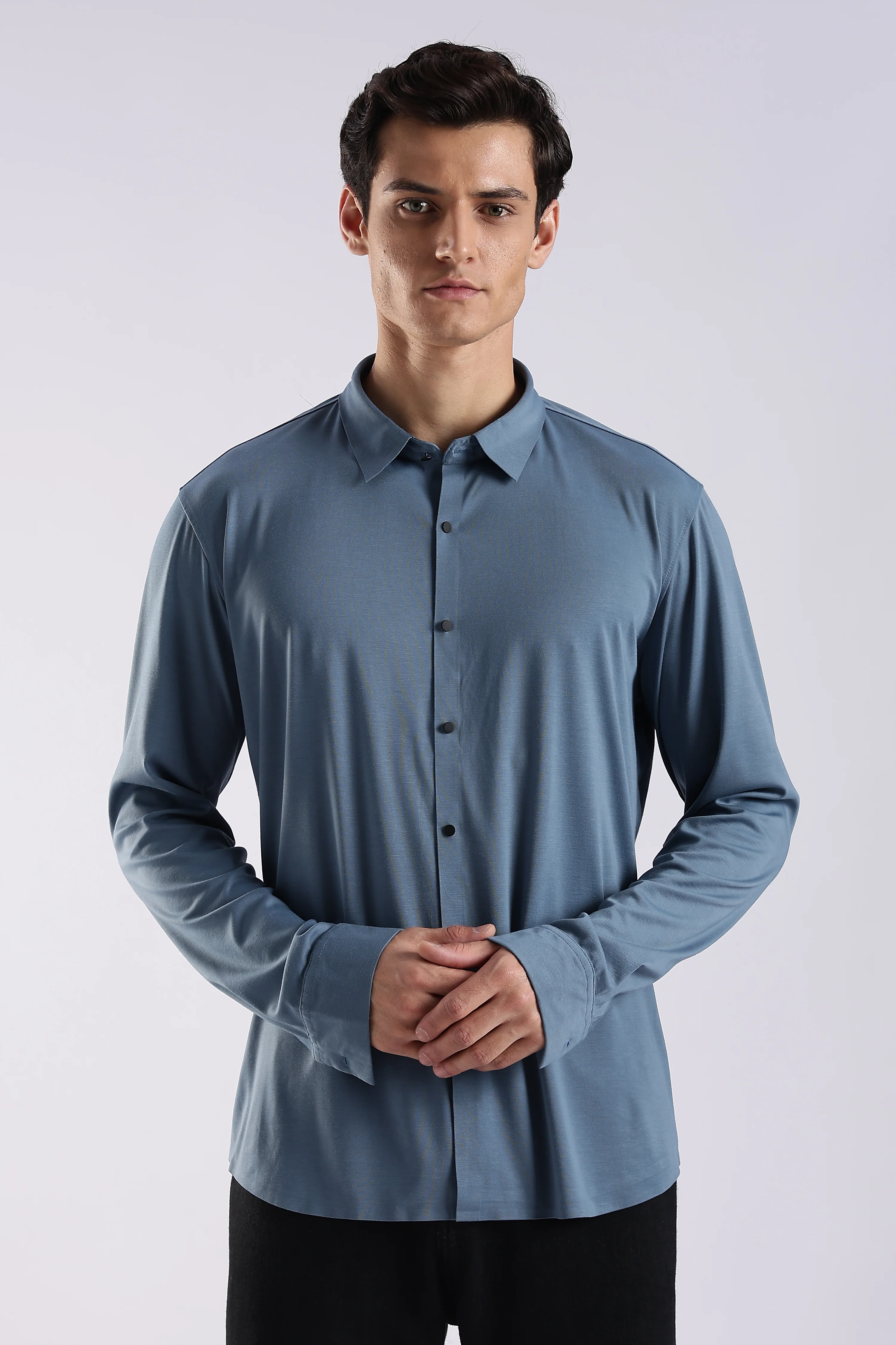 Men Blue Knitted Slim Fit Shirt