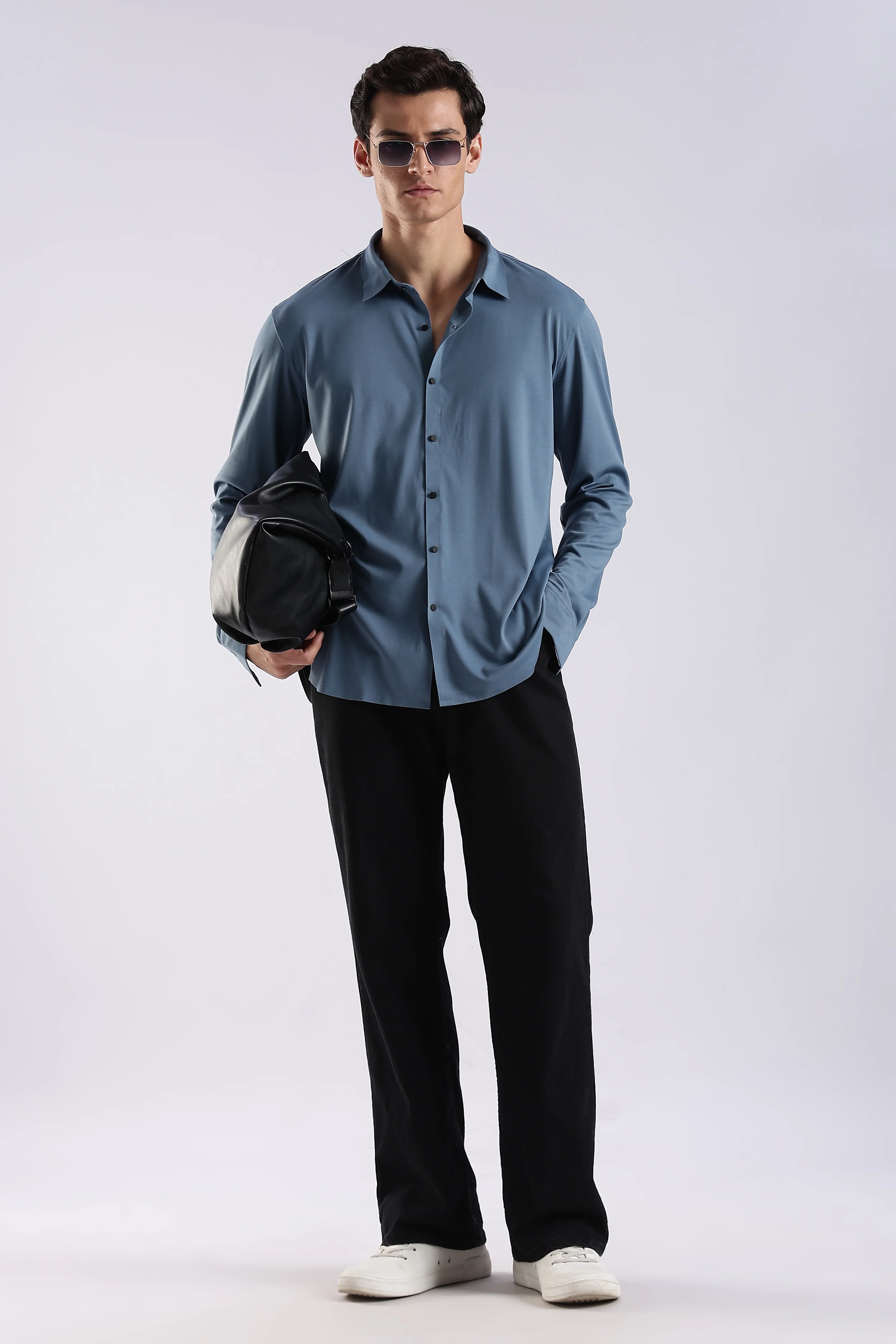 Men Blue Knitted Slim Fit Shirt - Image 7