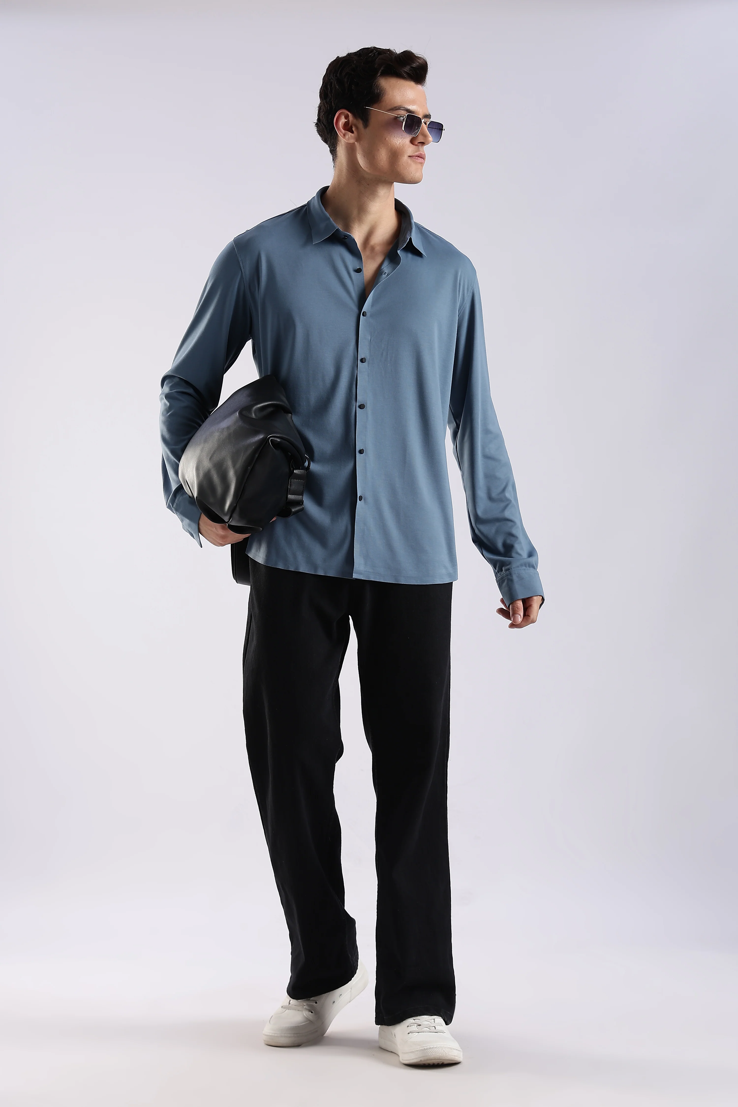 Men Blue Knitted Slim Fit Shirt - Image 8