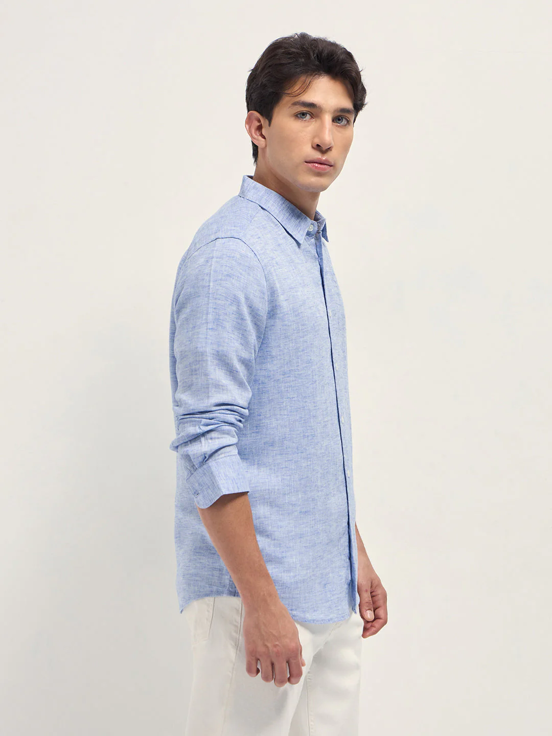 Men Blue Linen Blend Solid Slim Fit Casual Shirt - Image 3
