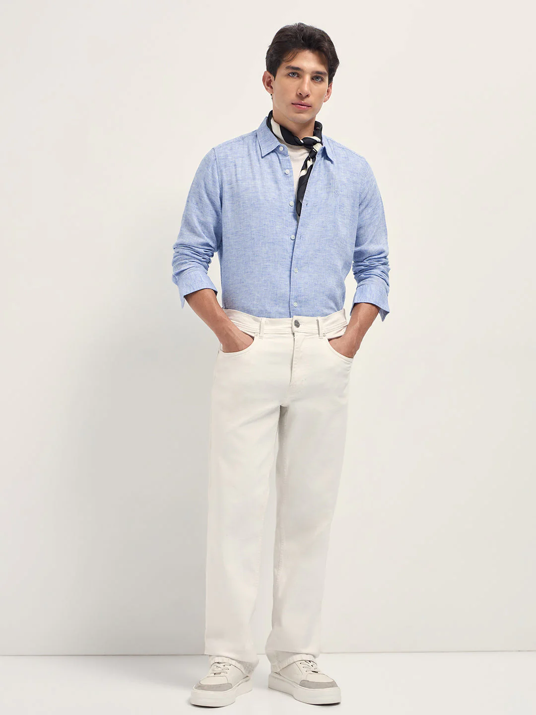 Men Blue Linen Blend Solid Slim Fit Casual Shirt - Image 4