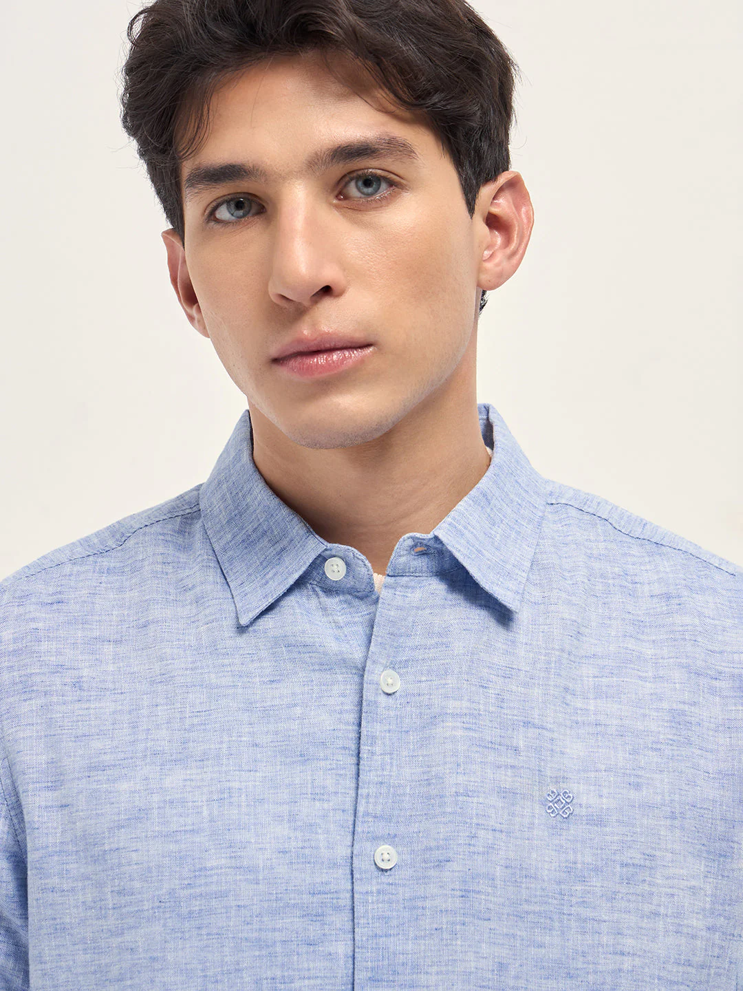 Men Blue Linen Blend Solid Slim Fit Casual Shirt - Image 5