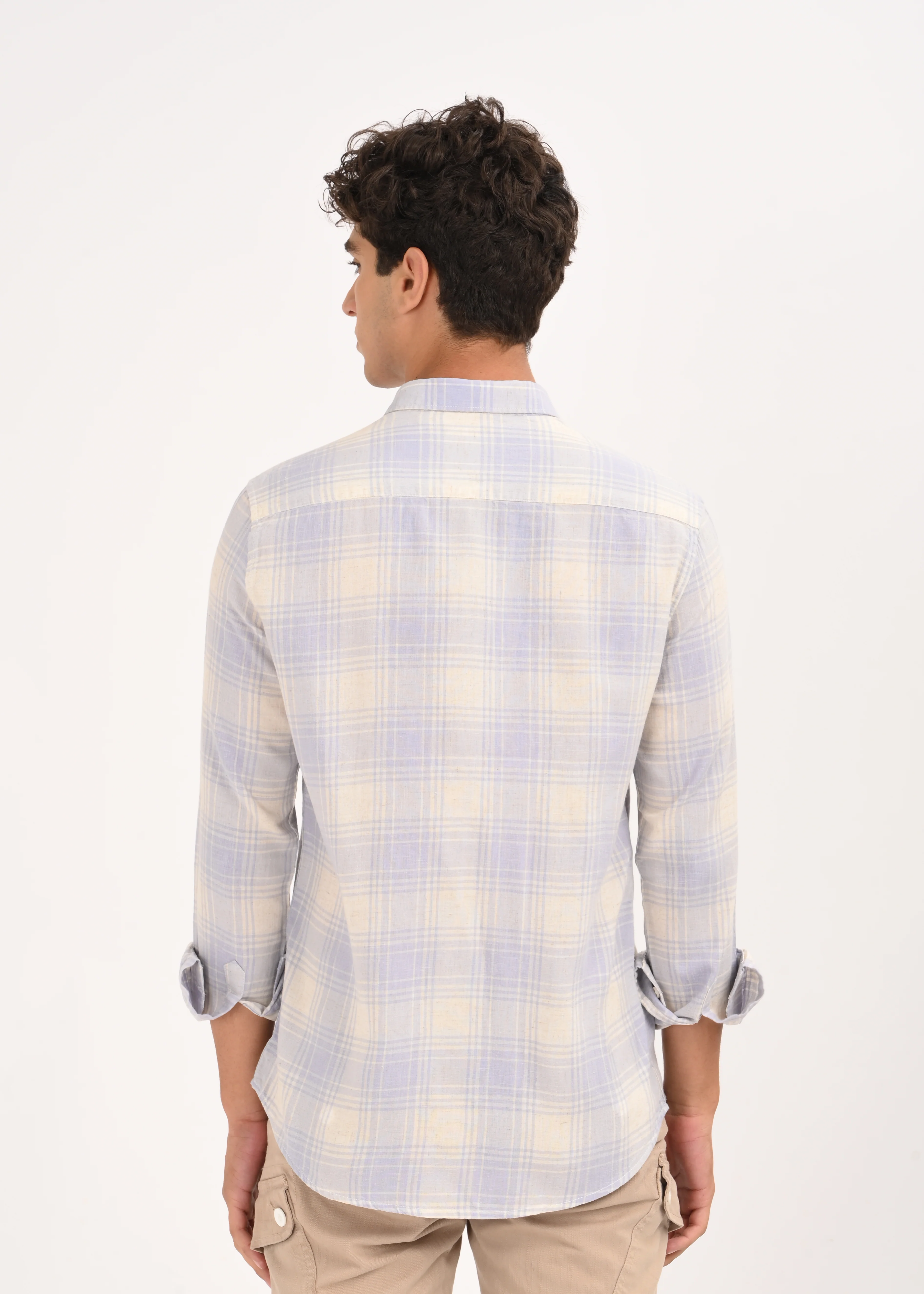 Men Blue Linen Cotton Checked Shirt - Image 2
