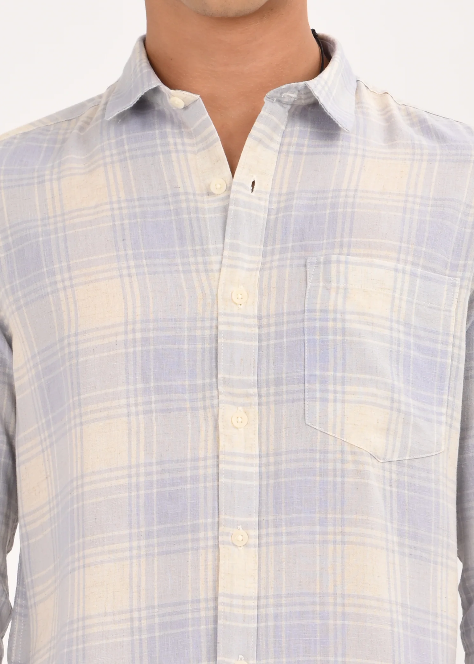 Men Blue Linen Cotton Checked Shirt - Image 3
