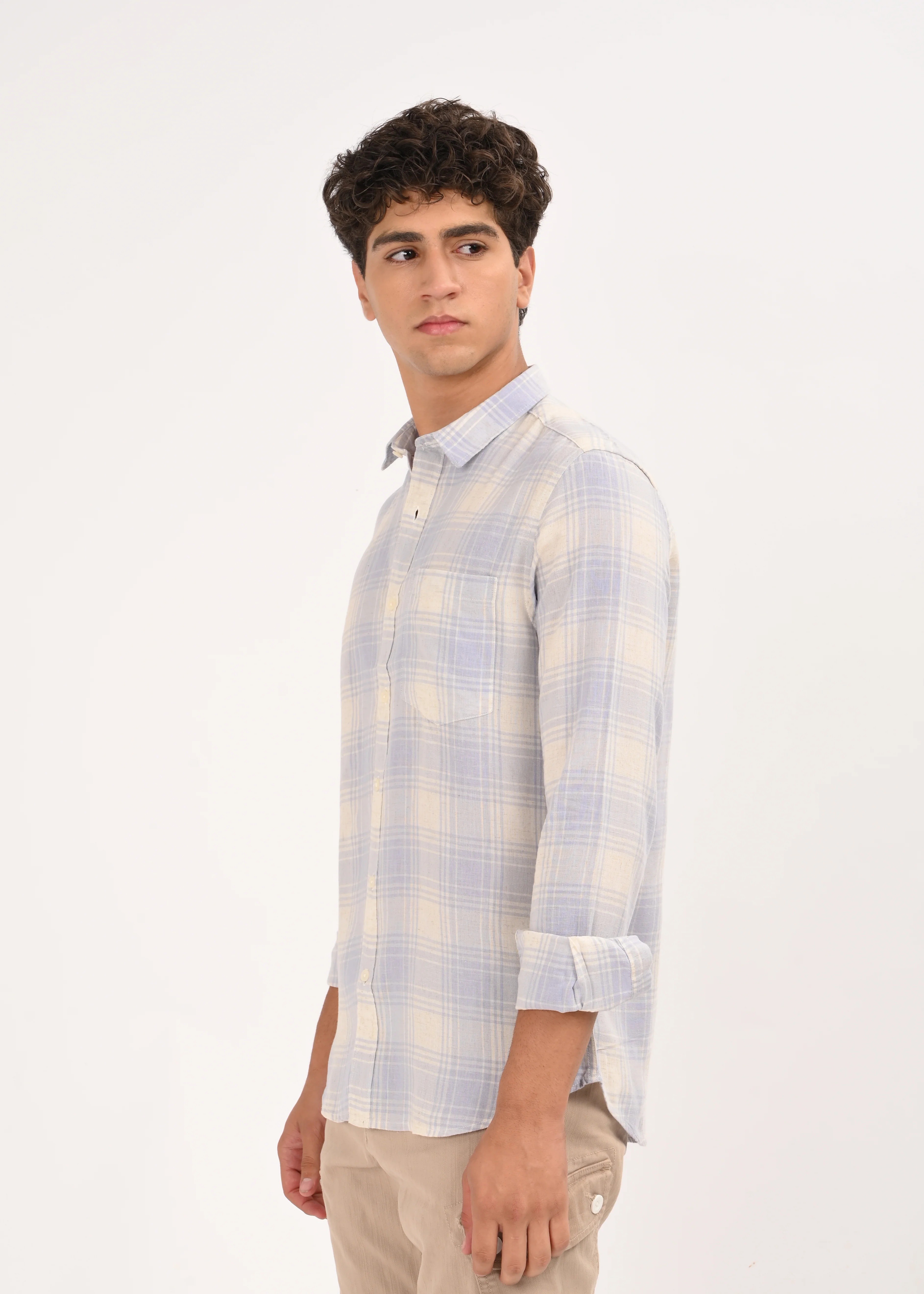 Men Blue Linen Cotton Checked Shirt - Image 5