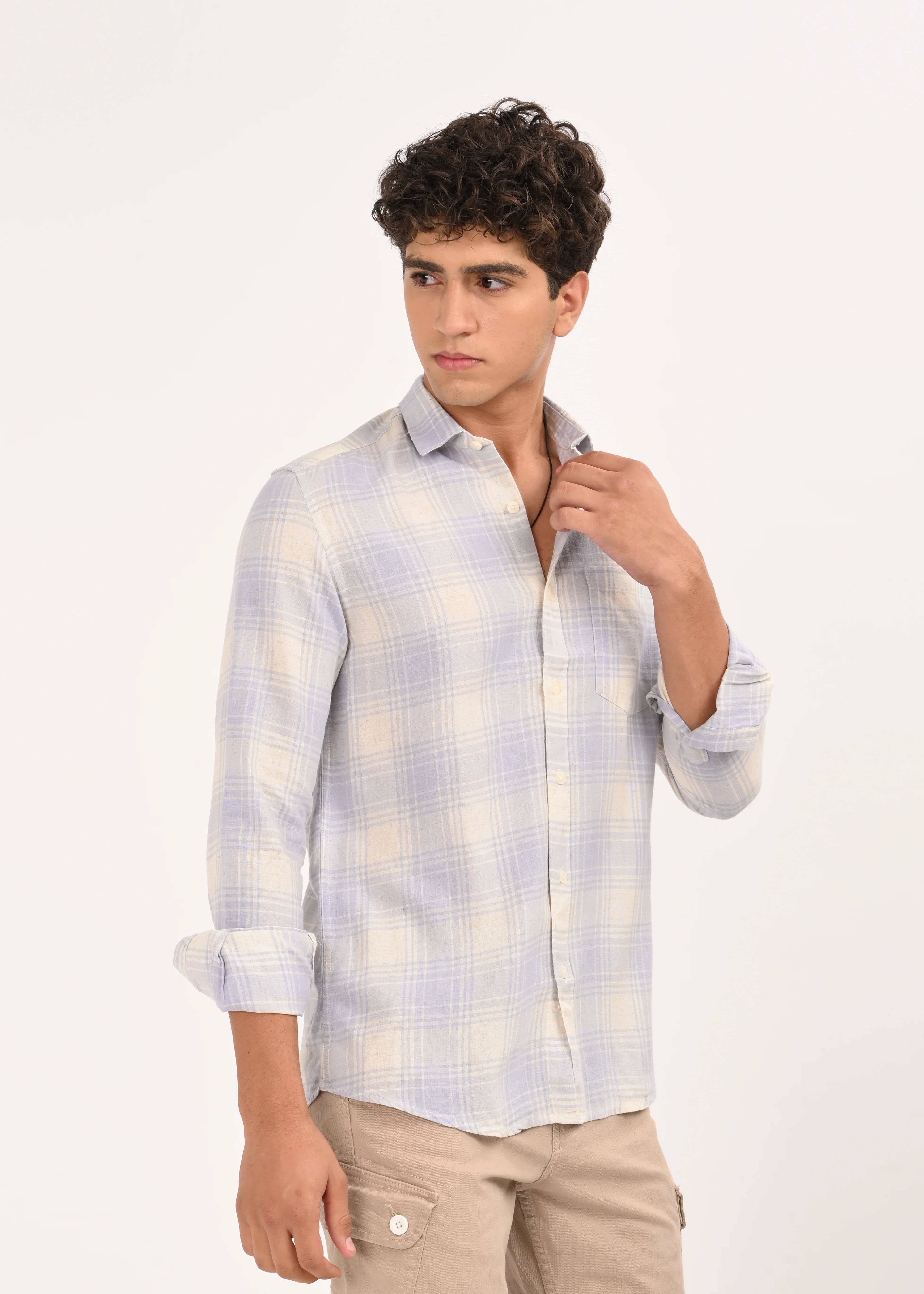 Men Blue Linen Cotton Checked Shirt - Image 6