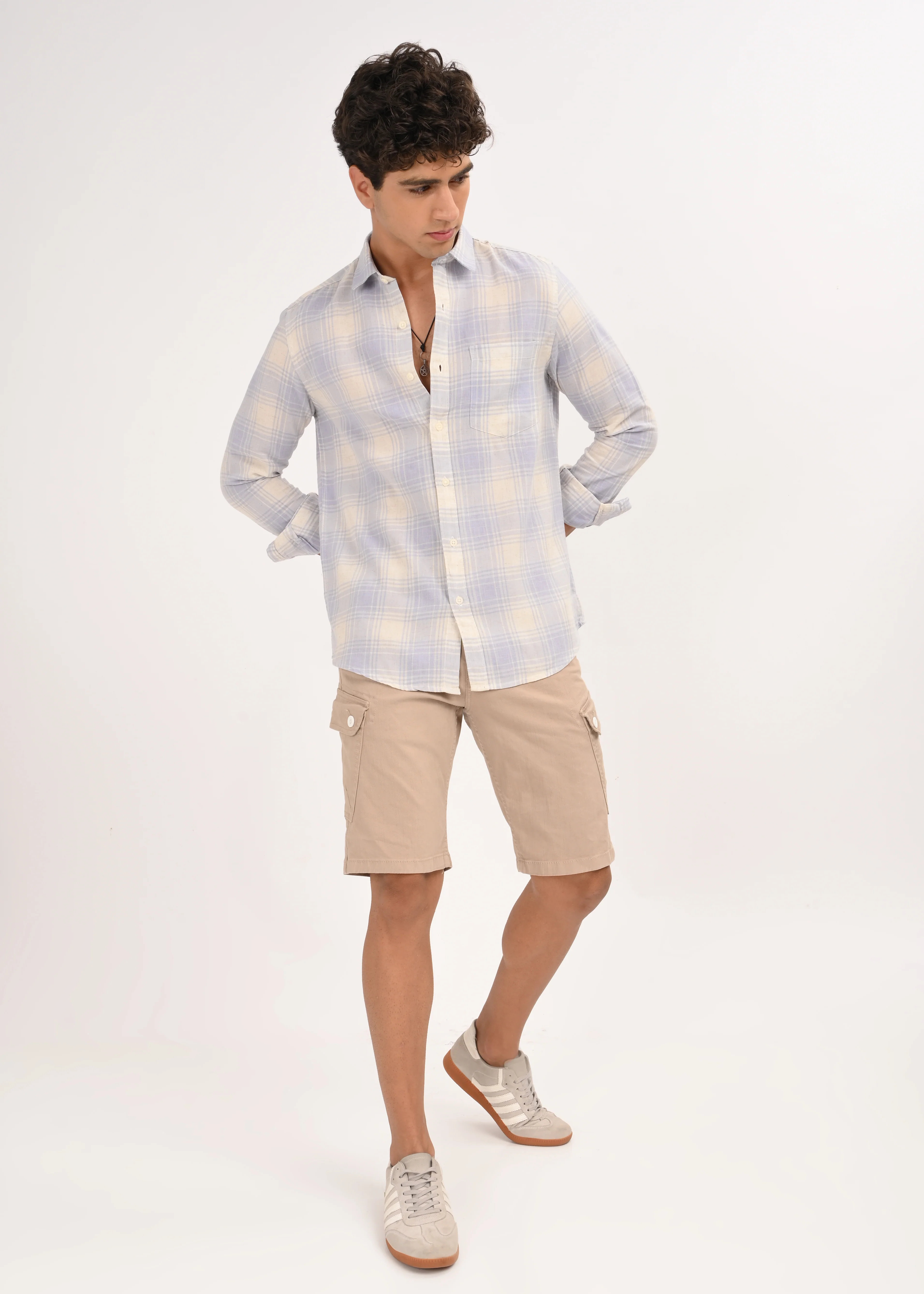 Men Blue Linen Cotton Checked Shirt - Image 7