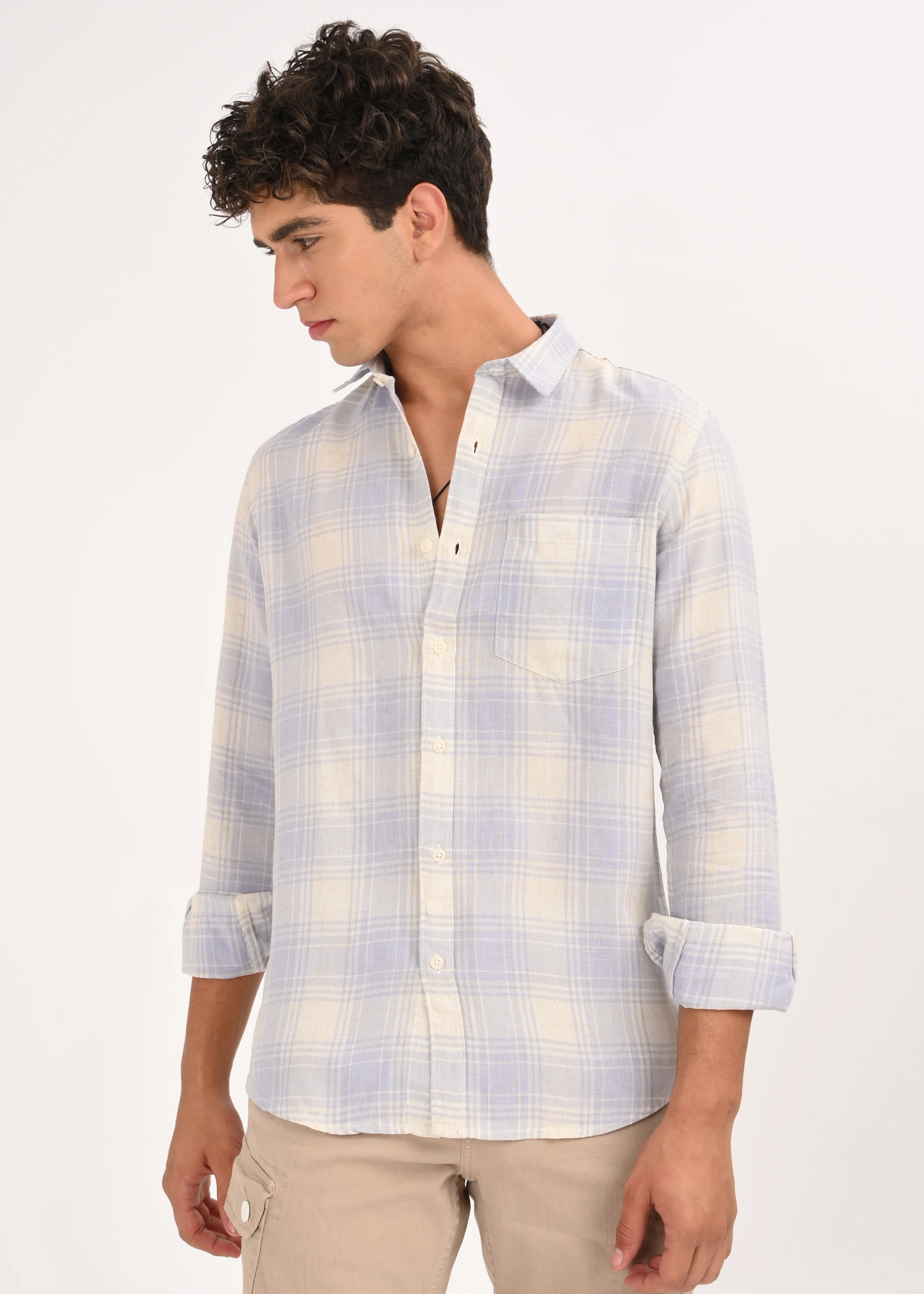 Men Blue Linen Cotton Checked Shirt - Image 8