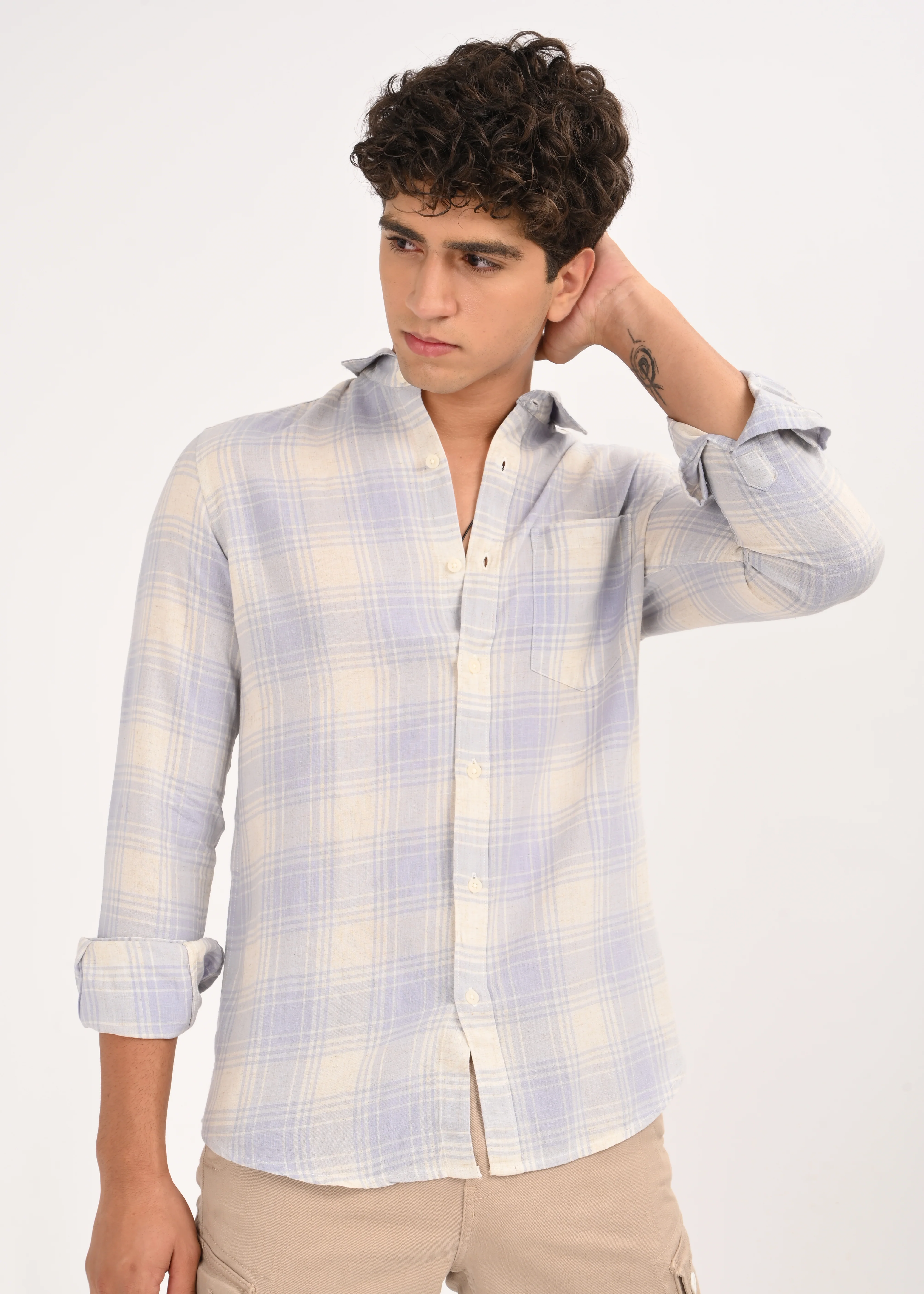 Men Blue Linen Cotton Checked Shirt - Image 9