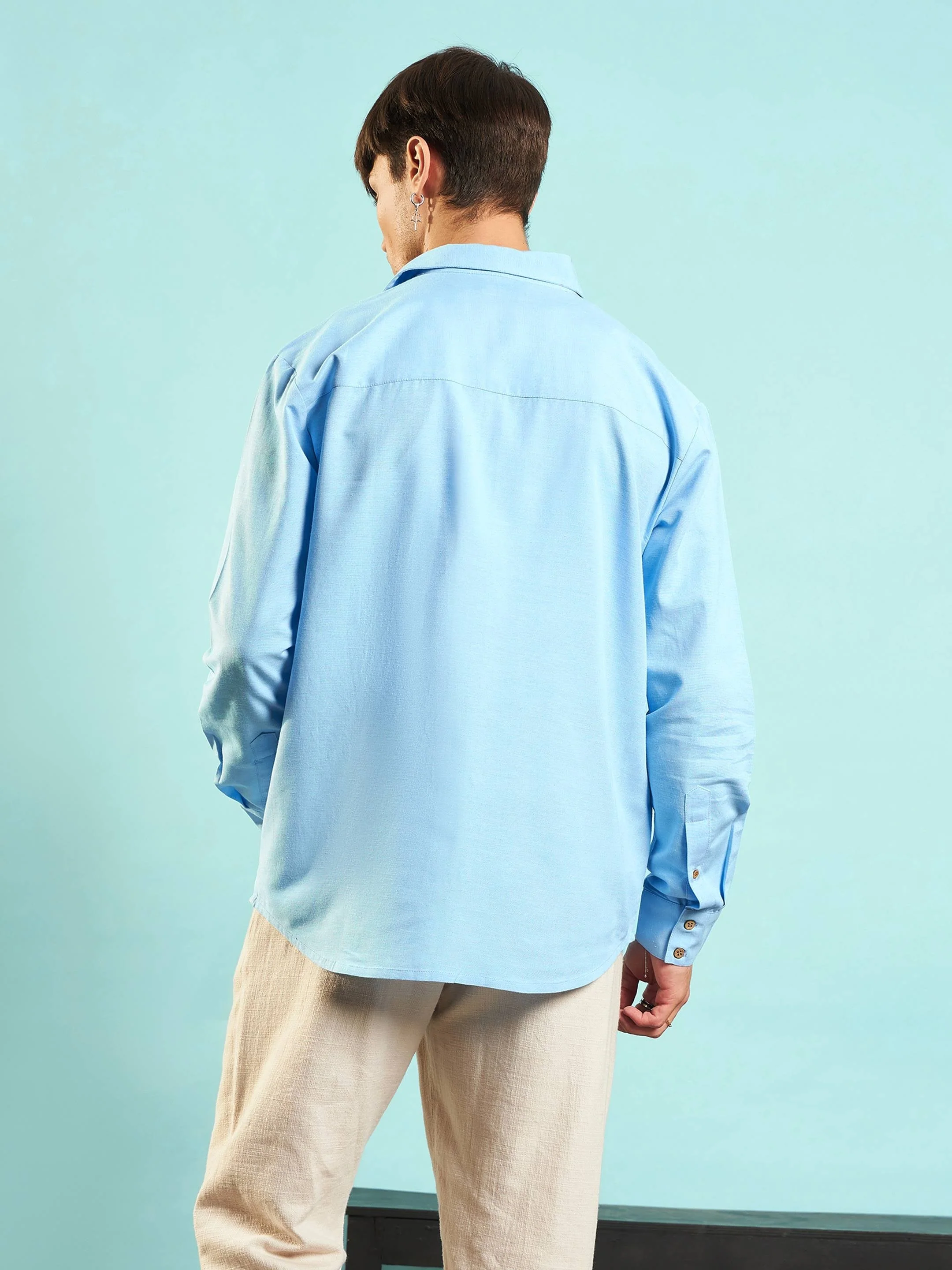 Men Blue Linen Flex Relax Fit Shirt - Image 5
