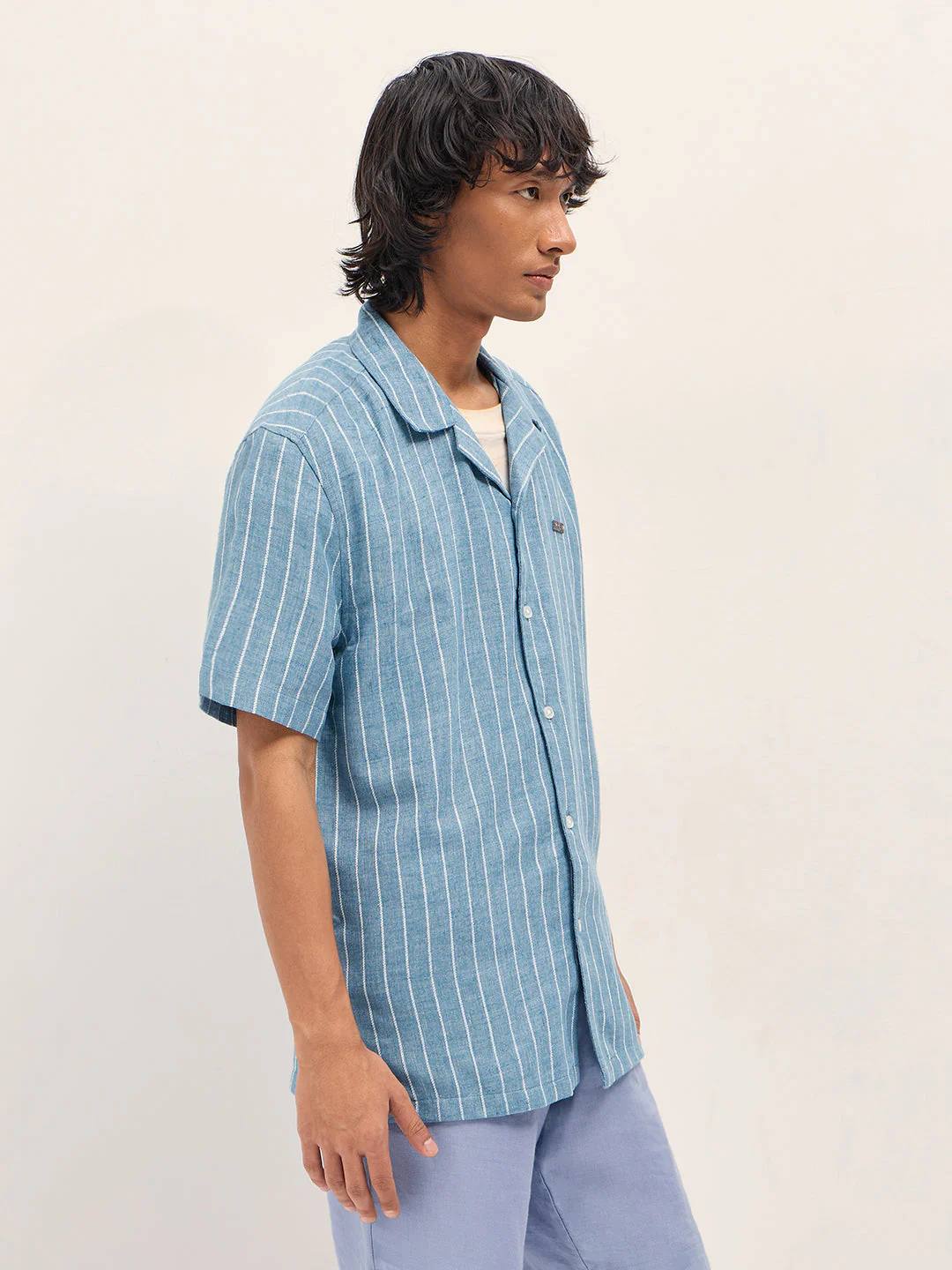 Men Blue Linen Vertical Textured Stripe Relaxed Fit Half Sleeve Casual Shirt - Image 3
