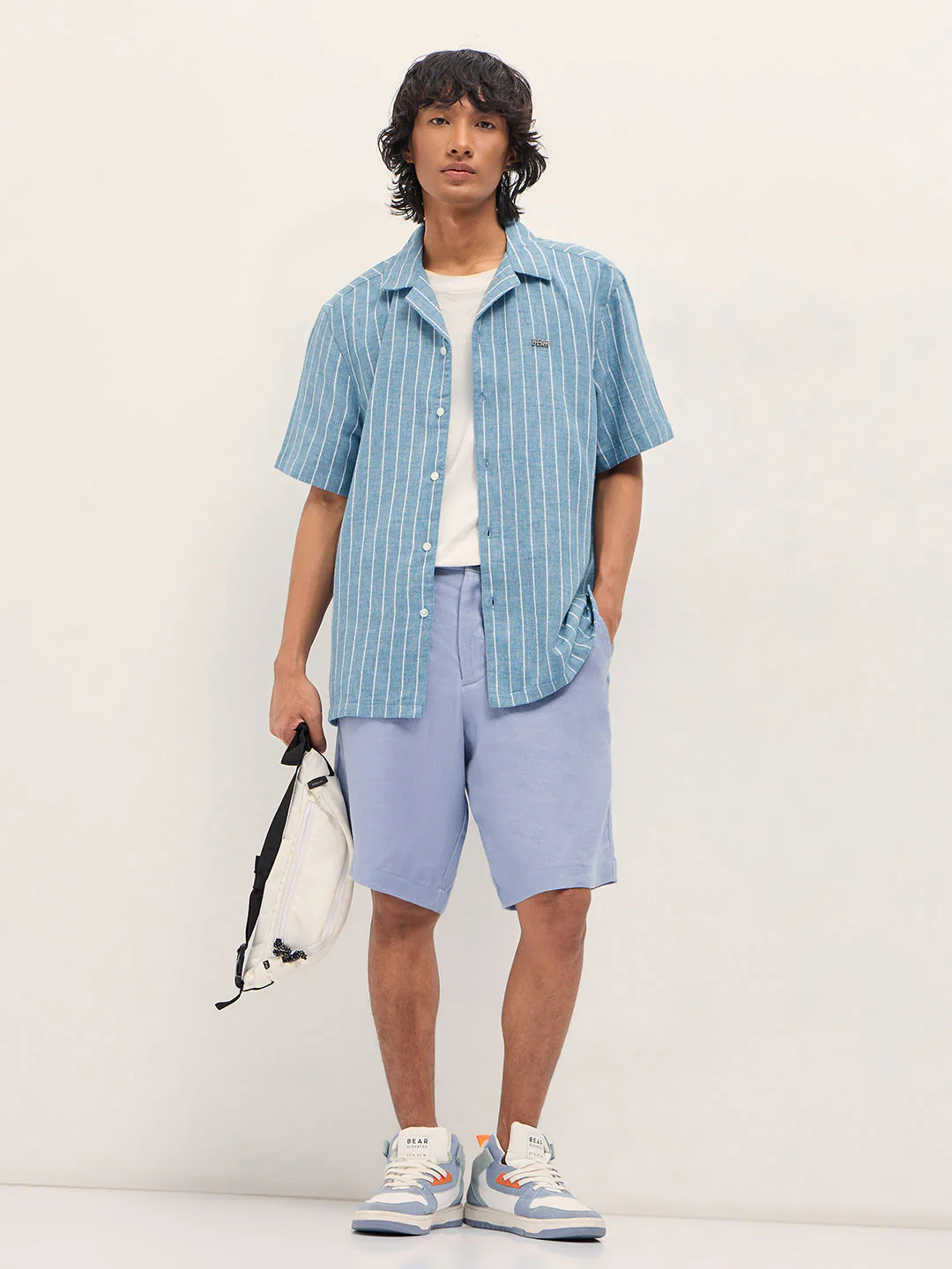 Men Blue Linen Vertical Textured Stripe Relaxed Fit Half Sleeve Casual Shirt - Image 4