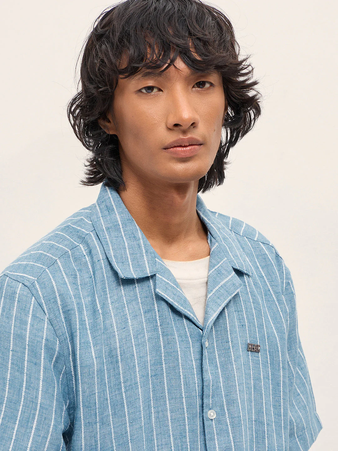Men Blue Linen Vertical Textured Stripe Relaxed Fit Half Sleeve Casual Shirt - Image 5
