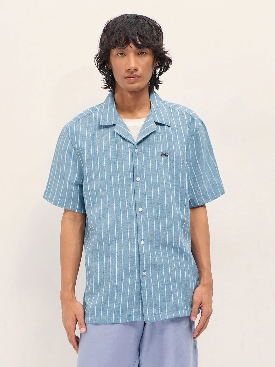 Men Blue Linen Vertical Textured Stripe Relaxed Fit Half Sleeve Casual Shirt - Image 6