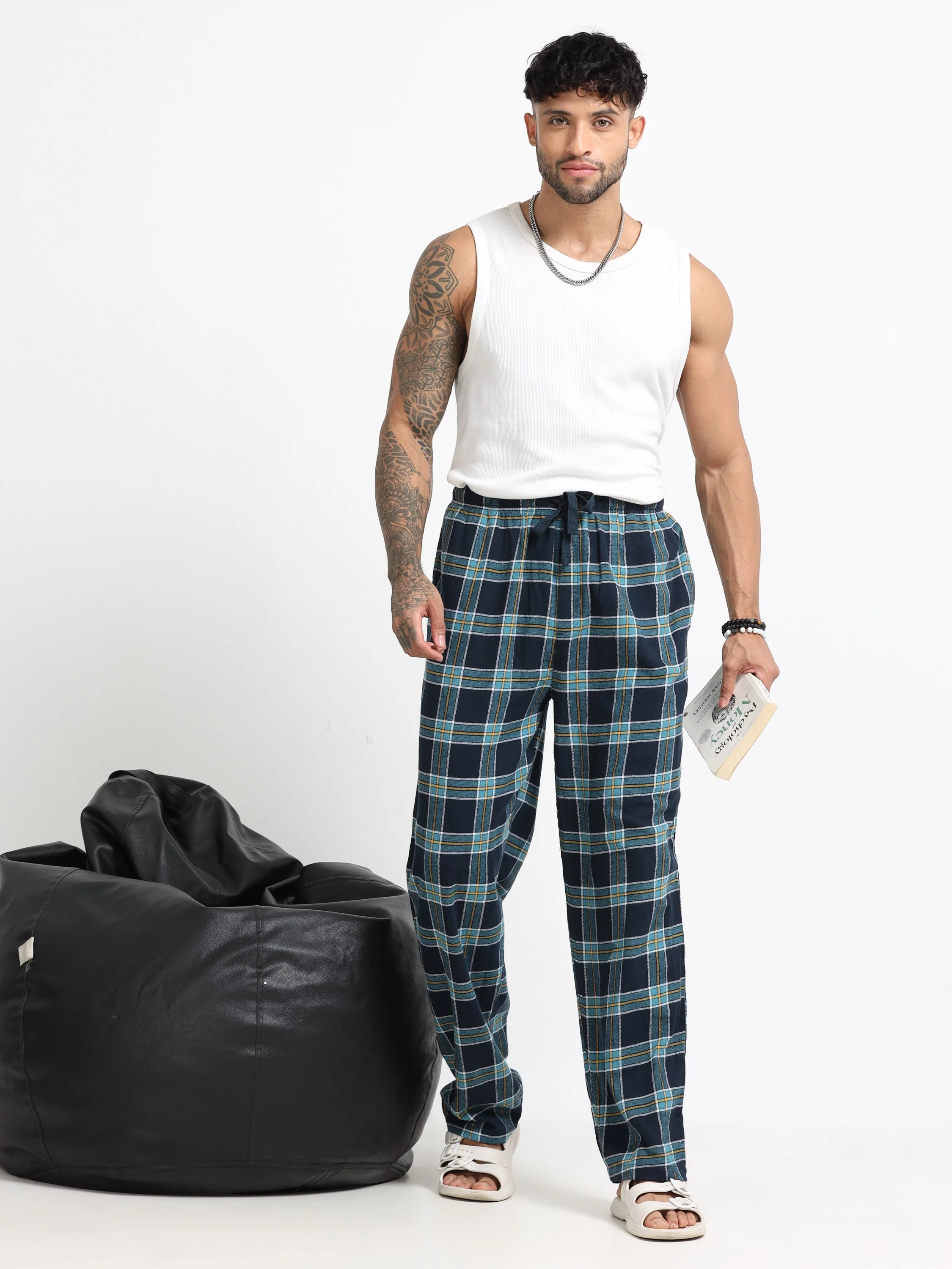 Men Blue Check Lounge Pants - Image 2