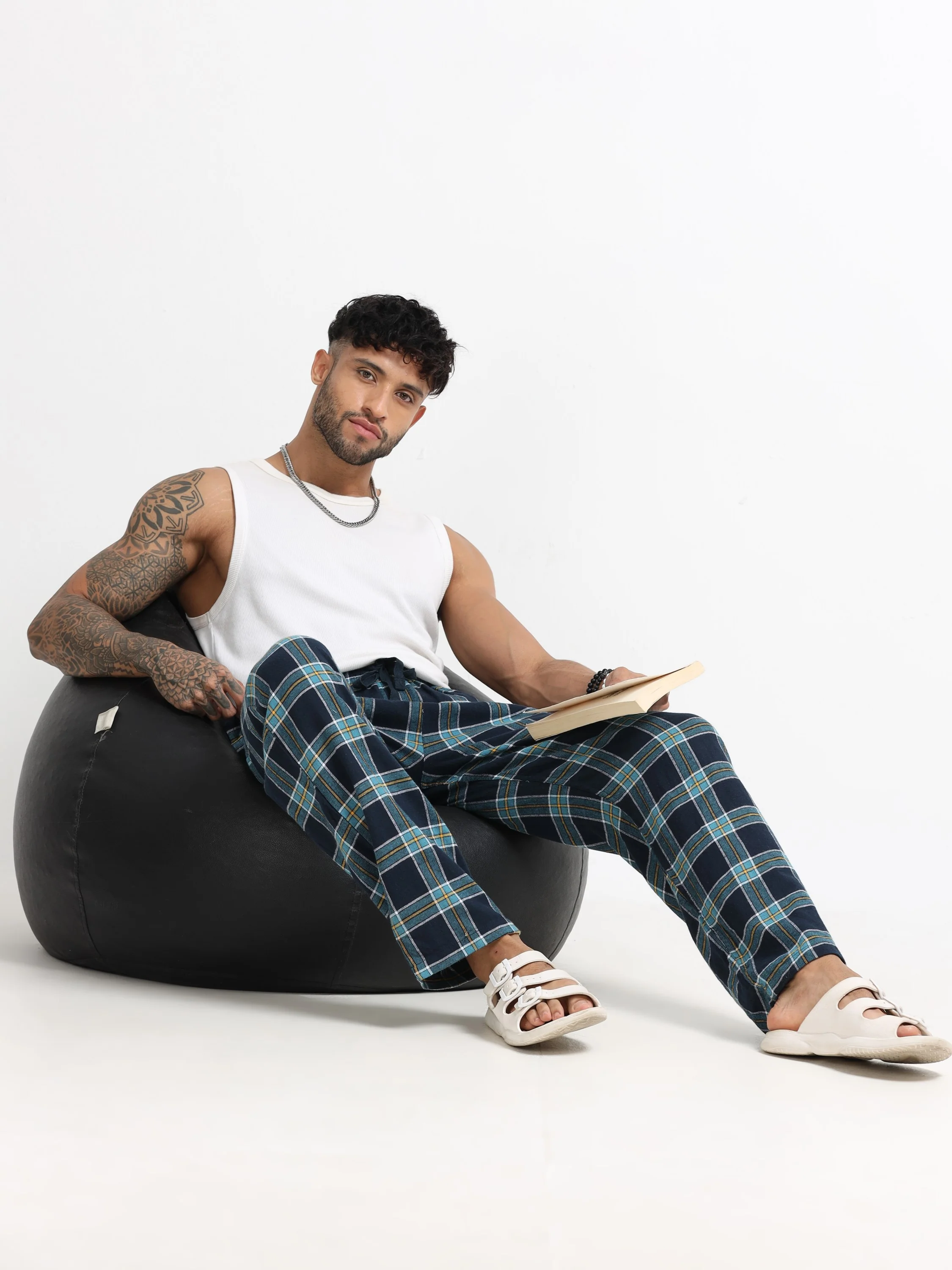 Men Blue Check Lounge Pants - Image 8