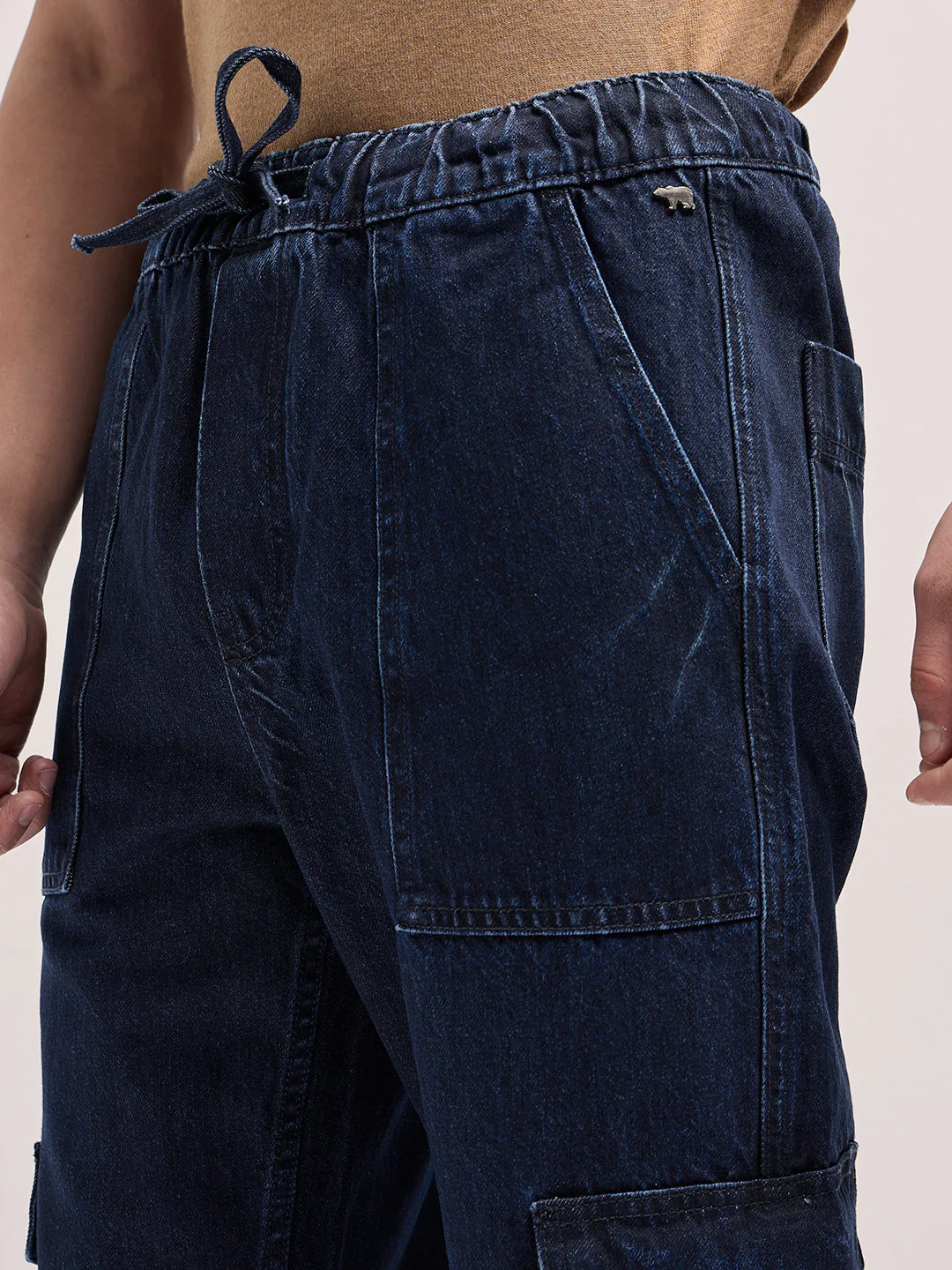 Men Blue Mid-Rise Elasticated Waist Baggy Fit Cargo Jeans - Image 5