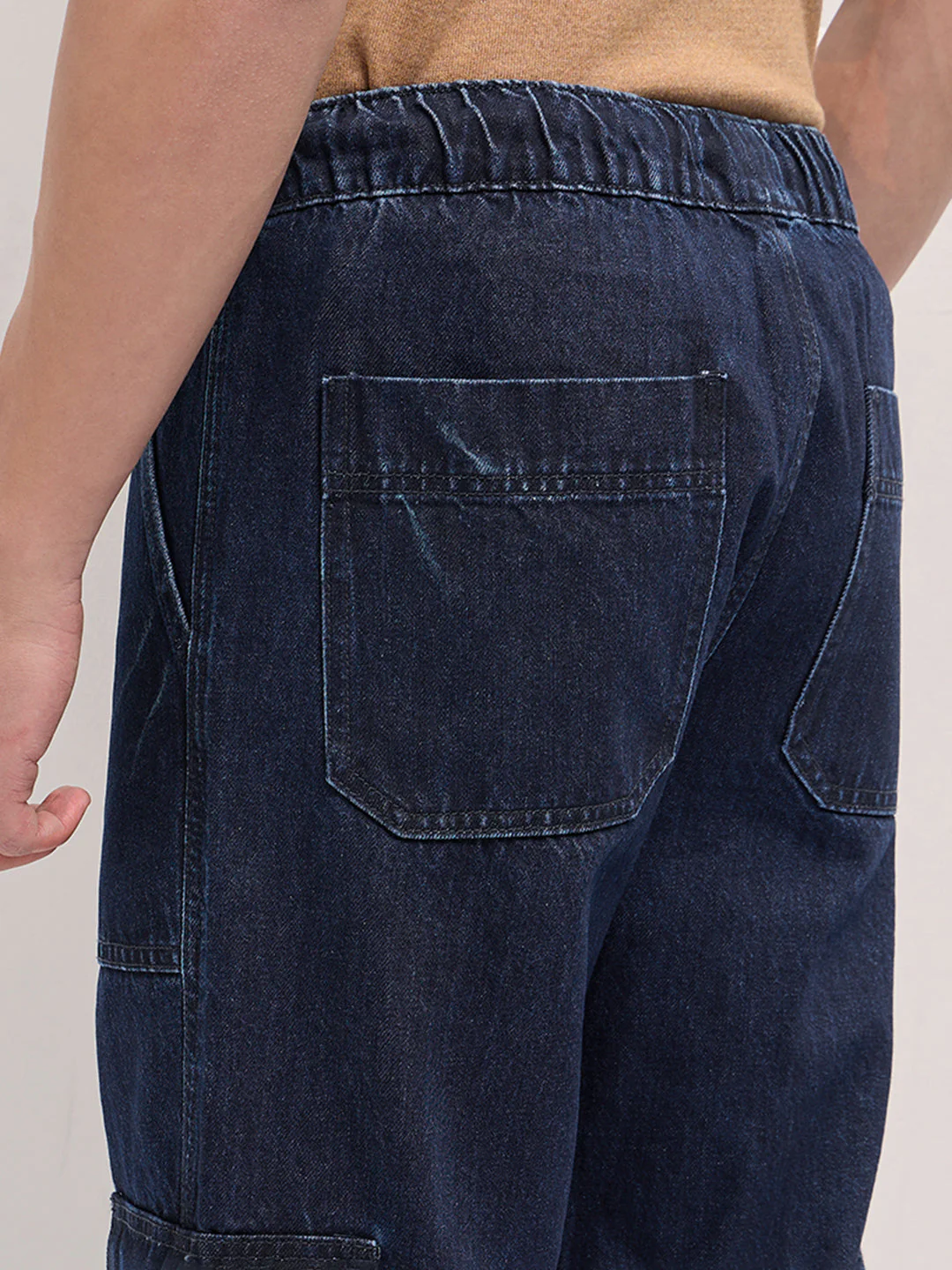 Men Blue Mid-Rise Elasticated Waist Baggy Fit Cargo Jeans - Image 6