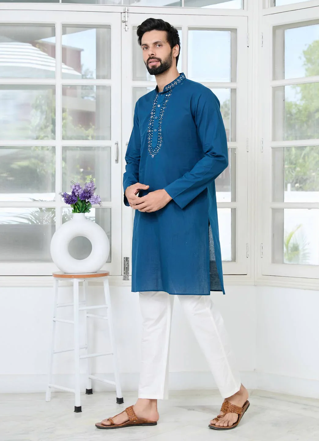 Men Blue Mirror Worked Cotton Straight Kurta - Image 4