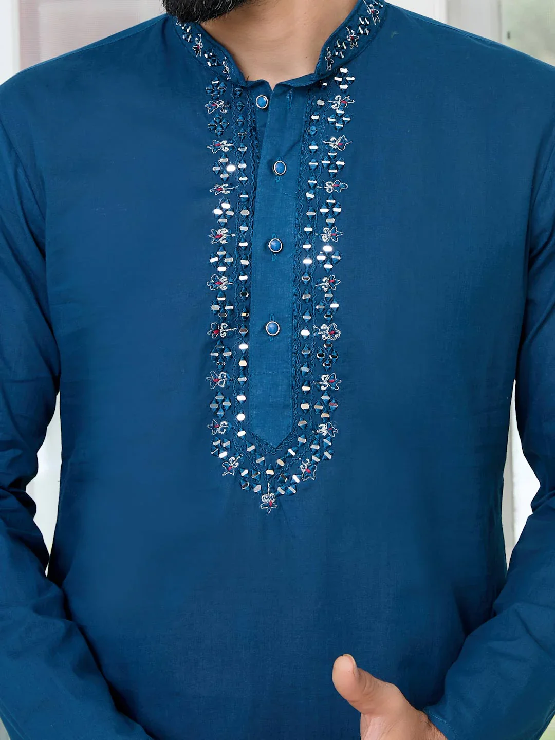 Men Blue Mirror Worked Cotton Straight Kurta - Image 5