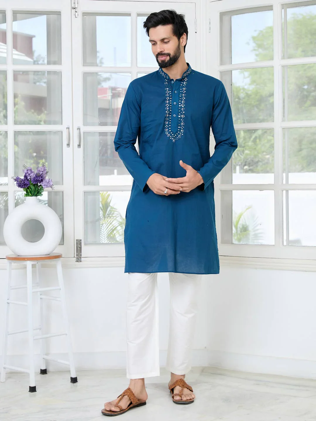 Men Blue Mirror Worked Cotton Straight Kurta - Image 6
