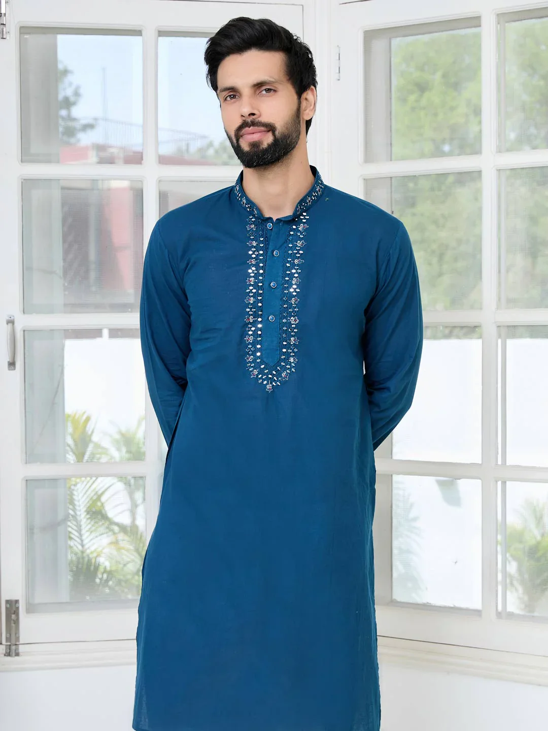 Men Blue Mirror Worked Cotton Straight Kurta - Image 7