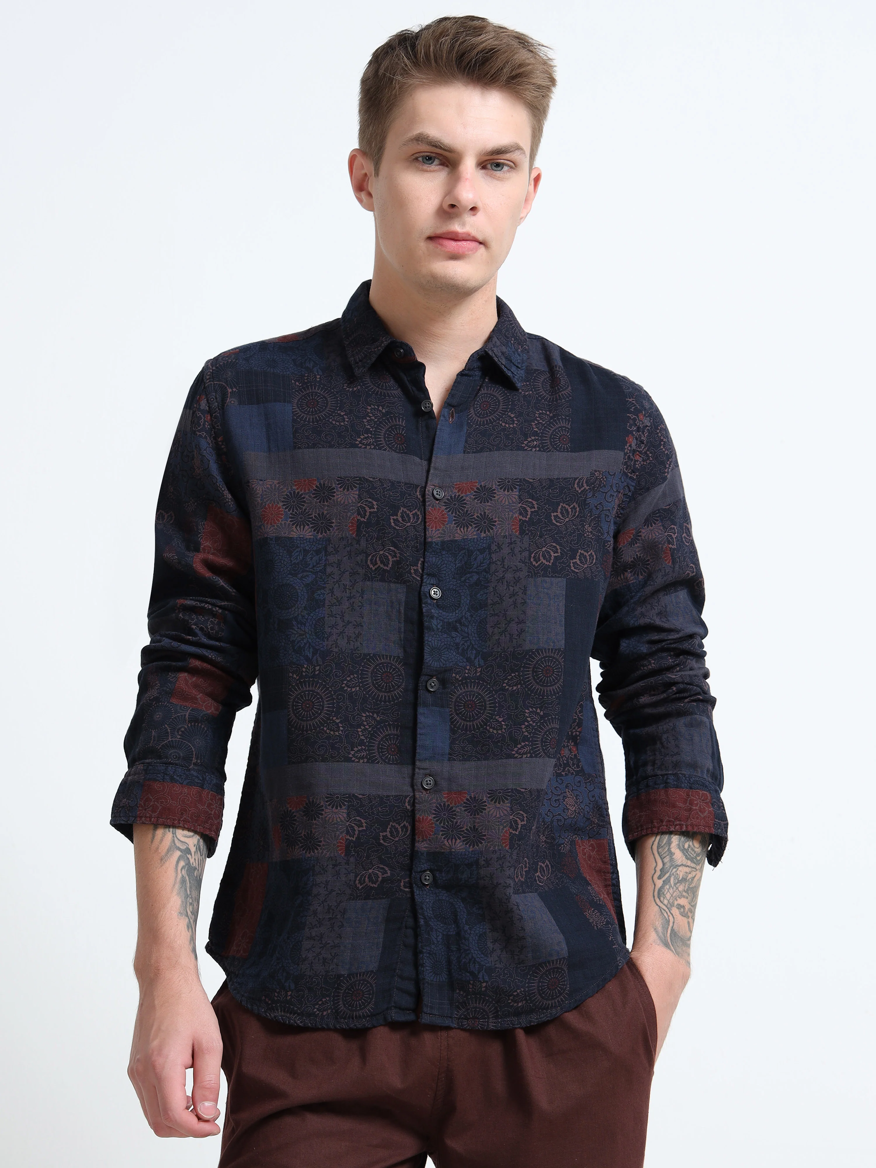 Men Blue Multi Patch Print Shirt - Image 3