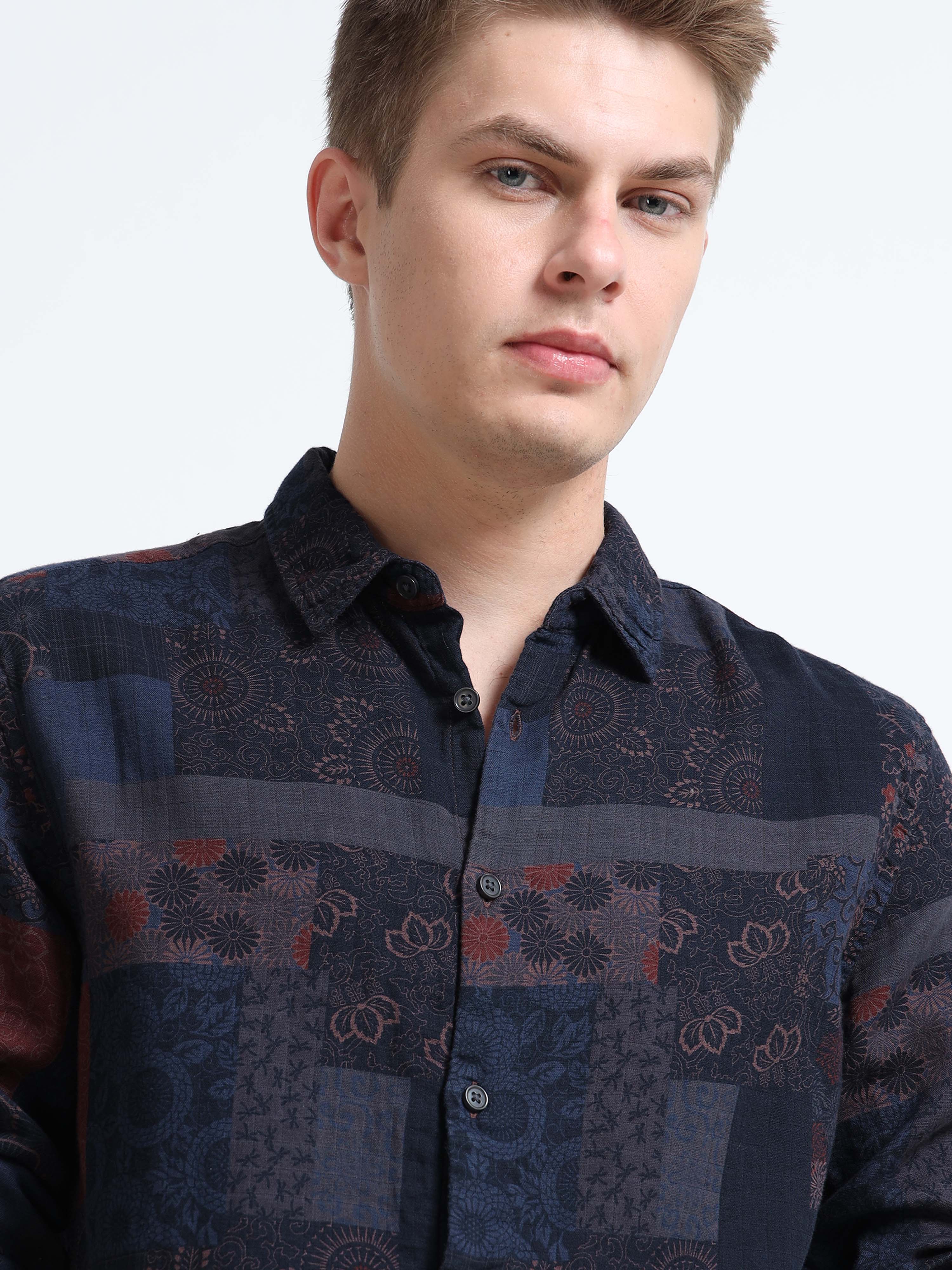 Men Blue Multi Patch Print Shirt - Image 5