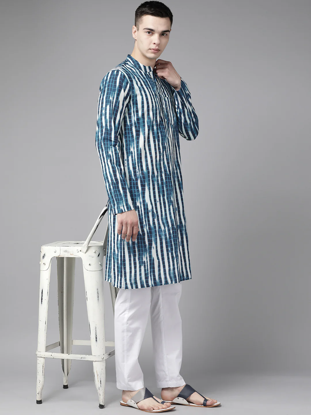 Men Blue Multi Tie And Dye Print Design Straight Kurta - Image 5