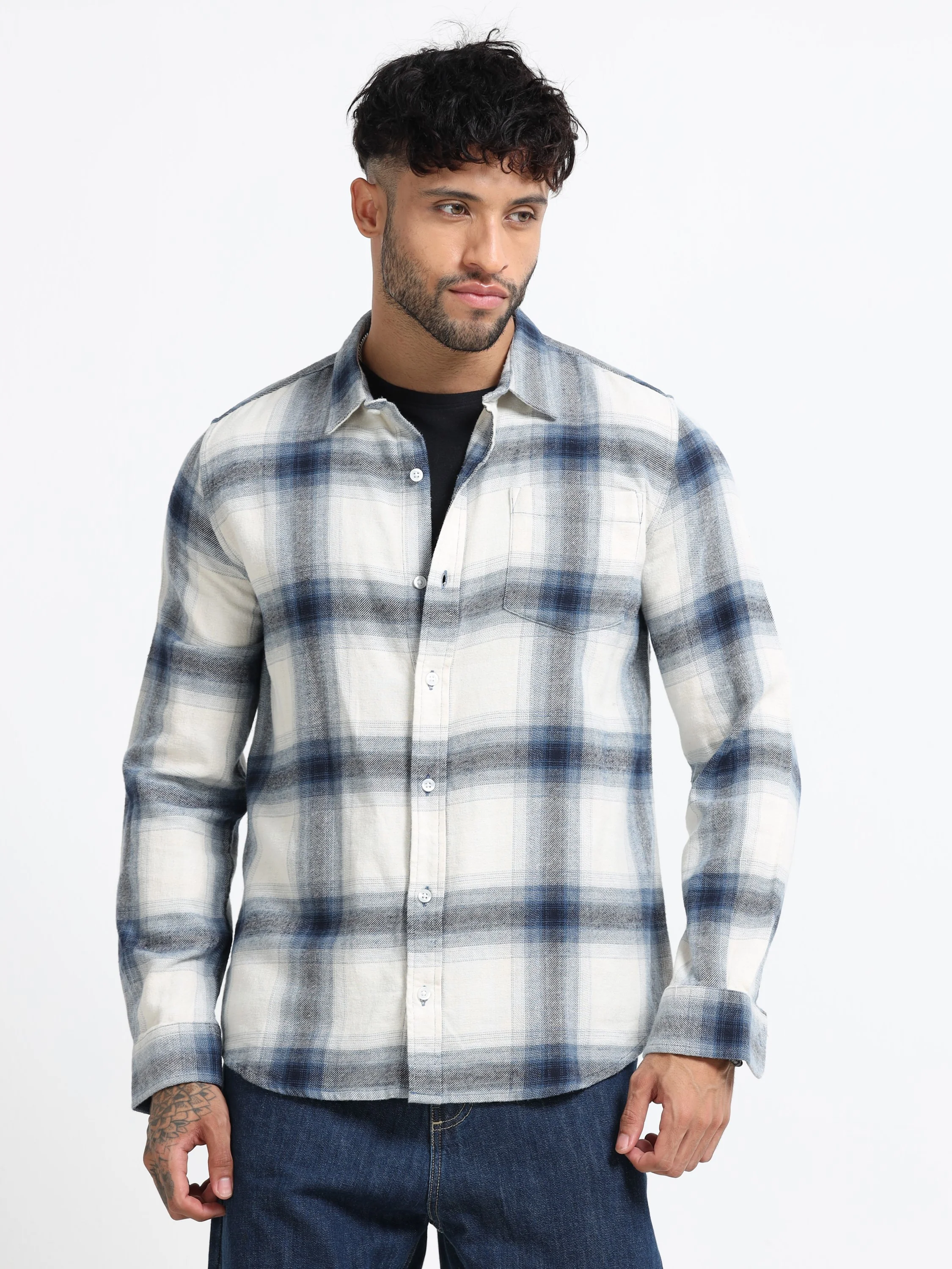 Men Blue & White Check Shirt - Image 2