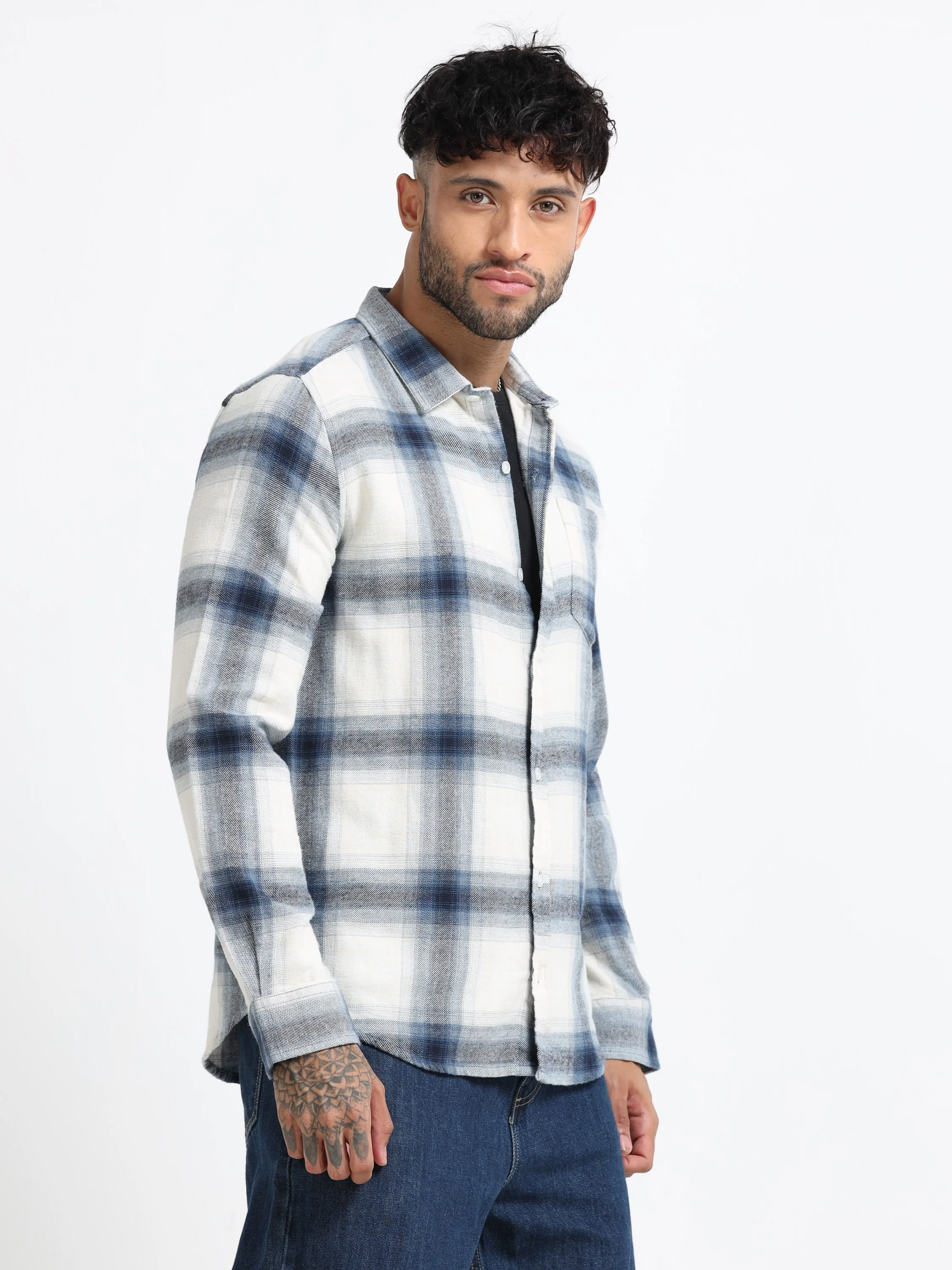 Men Blue & White Check Shirt - Image 7