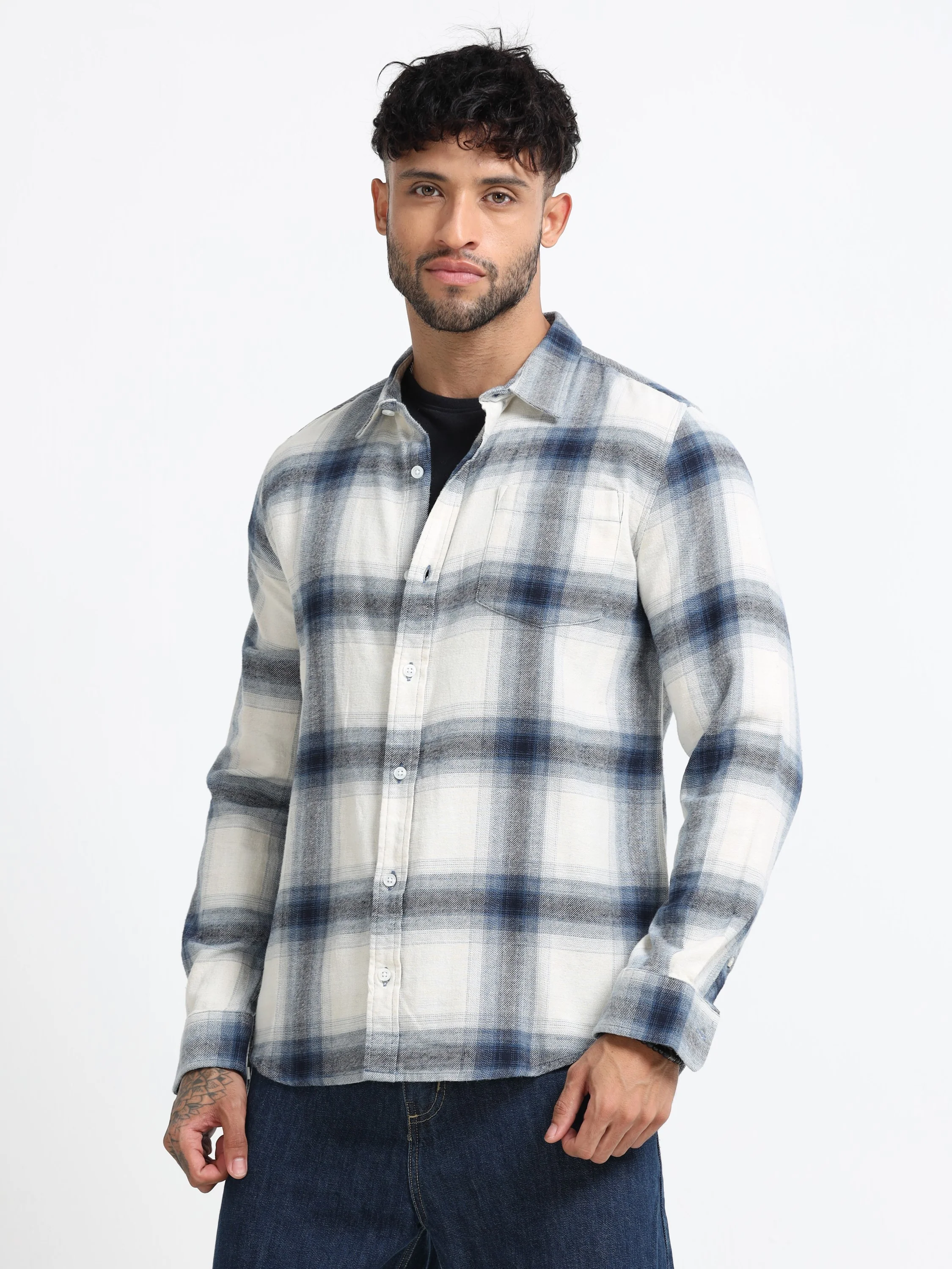 Men Blue & White Check Shirt - Image 8
