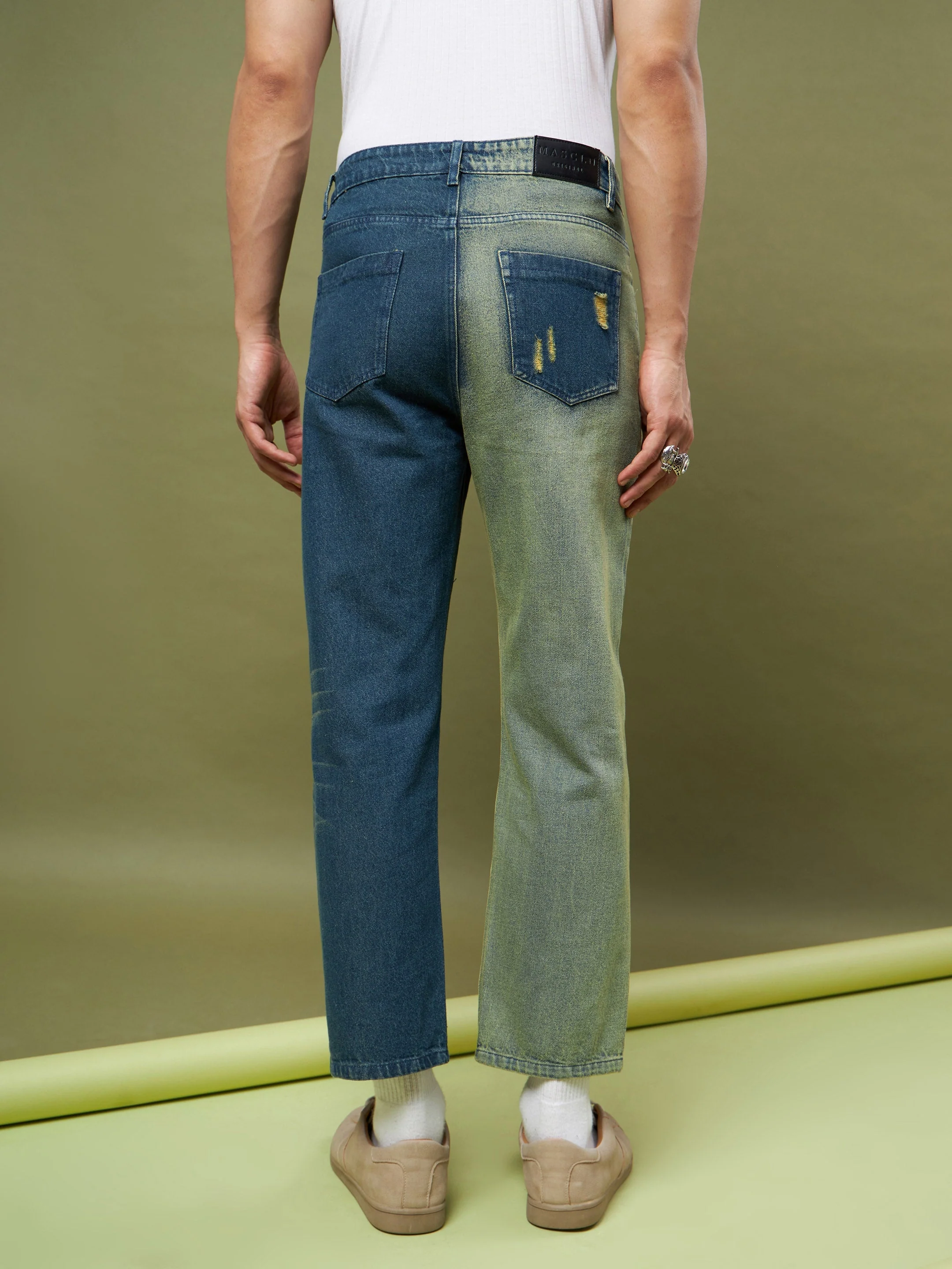 Men Blue & Olive ColorBlock Relax Fit Jeans - Image 2