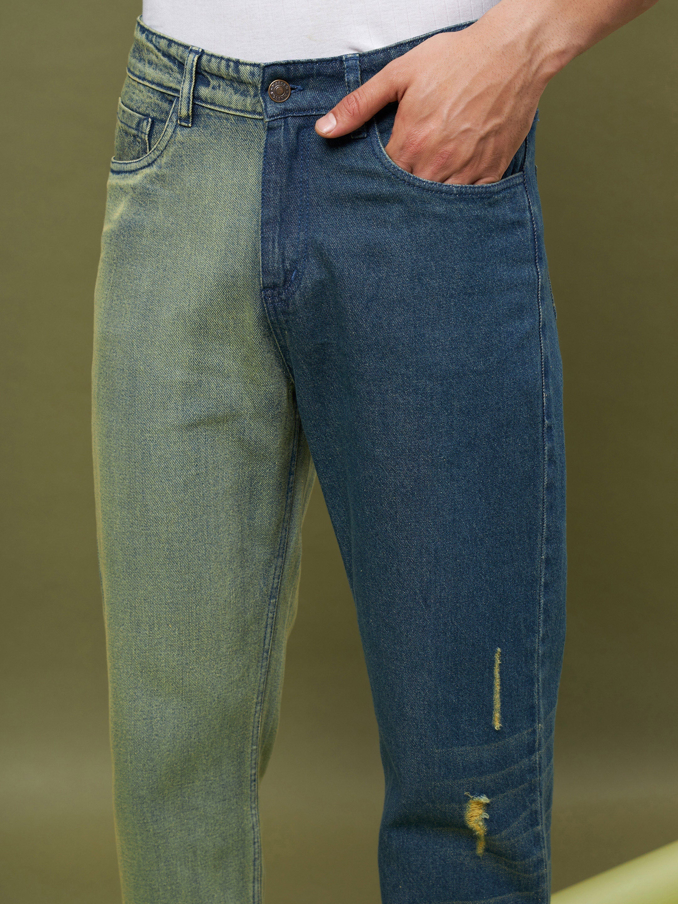 Men Blue & Olive ColorBlock Relax Fit Jeans - Image 3