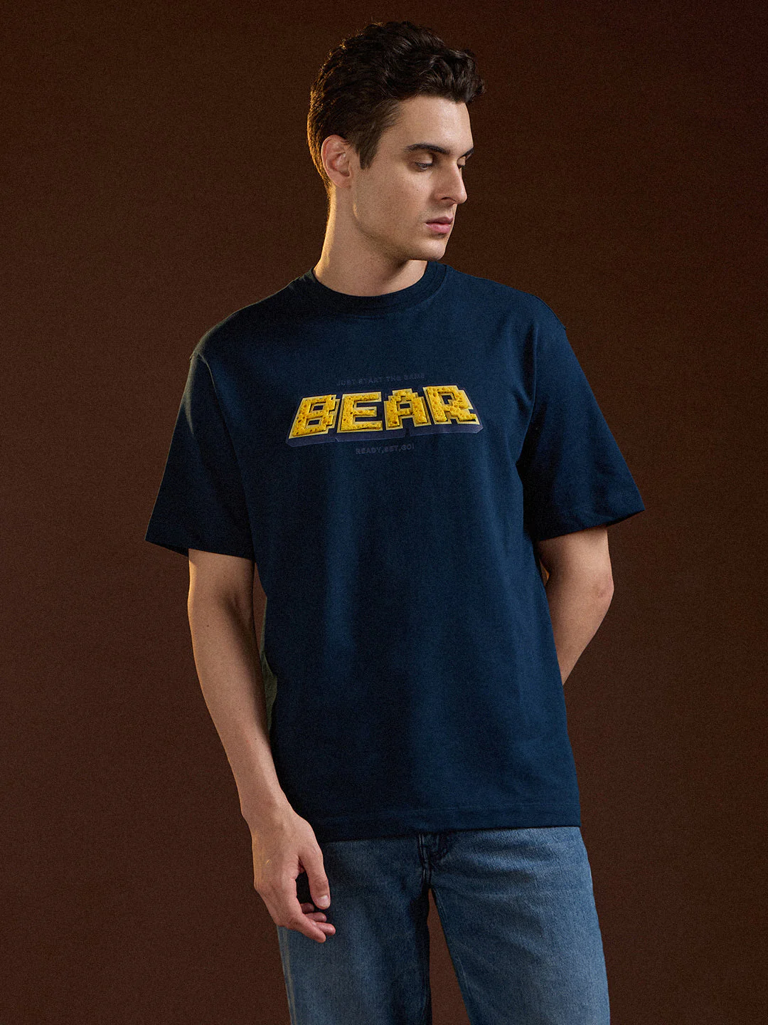 Men Blue Oversize Graphic Design Crew Neck T-shirt - Image 6