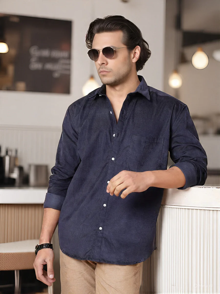 Men Blue Oversized Corduroy Shirt - Image 3