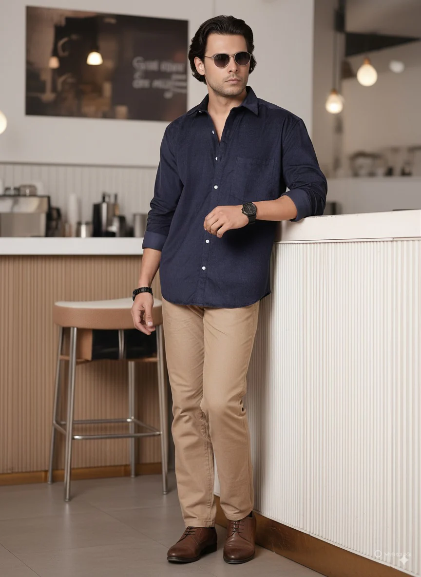 Men Blue Oversized Corduroy Shirt - Image 4