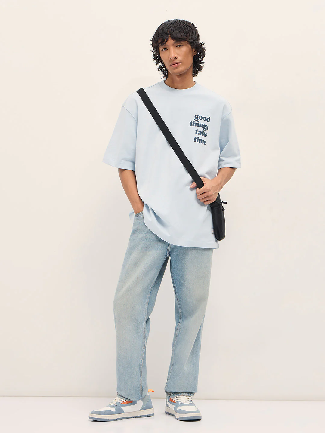 Men Blue Oversized Crew Neck T-Shirt - Image 4