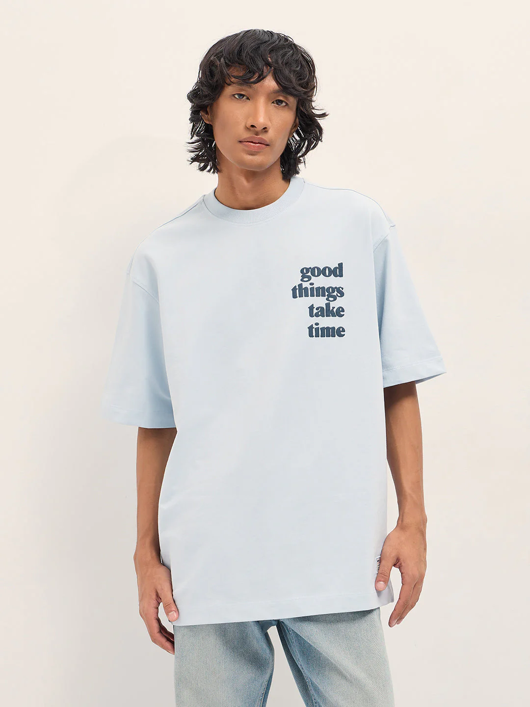 Men Blue Oversized Crew Neck T-Shirt - Image 6