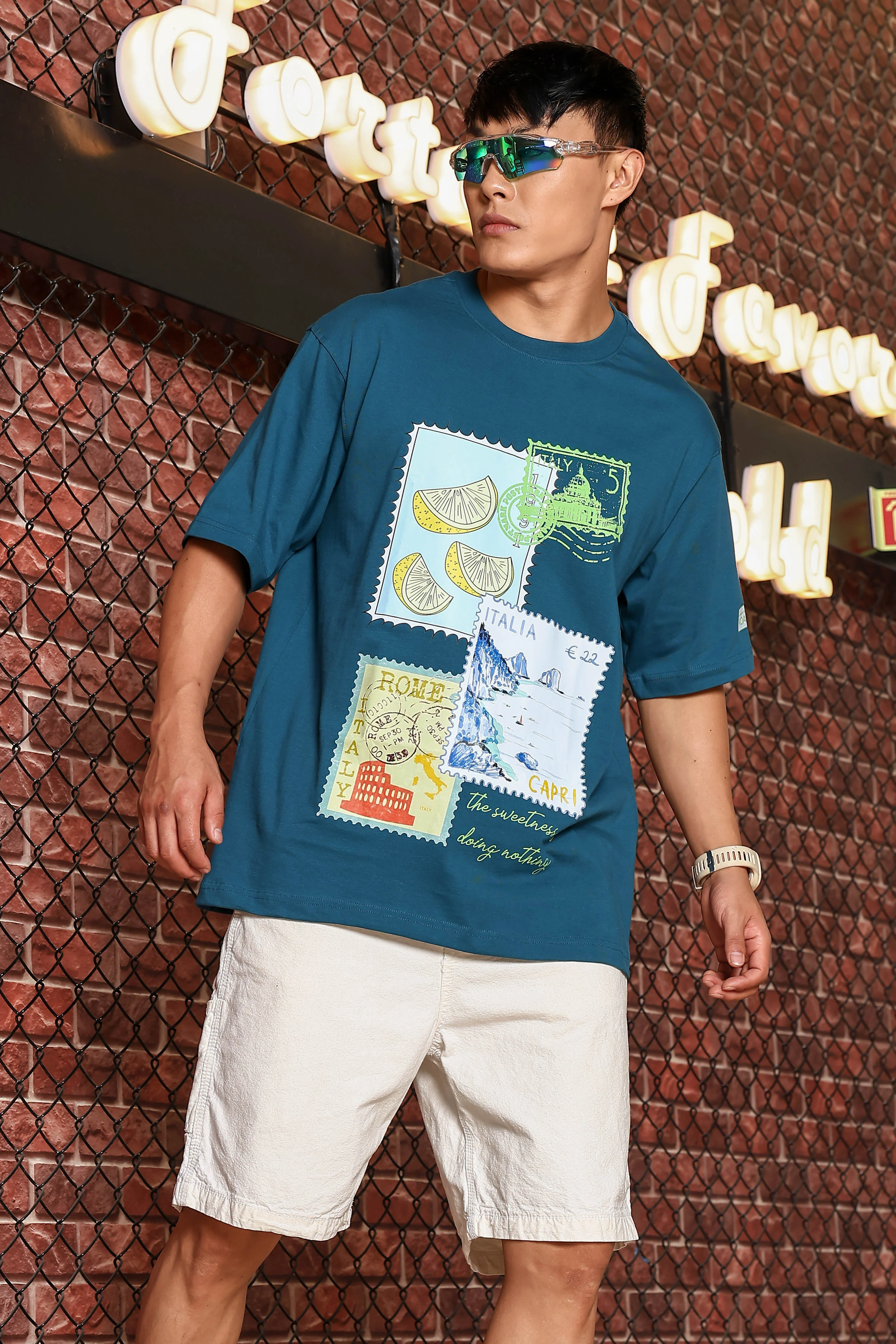 Men Blue Oversized Printed T-shirt - Image 4
