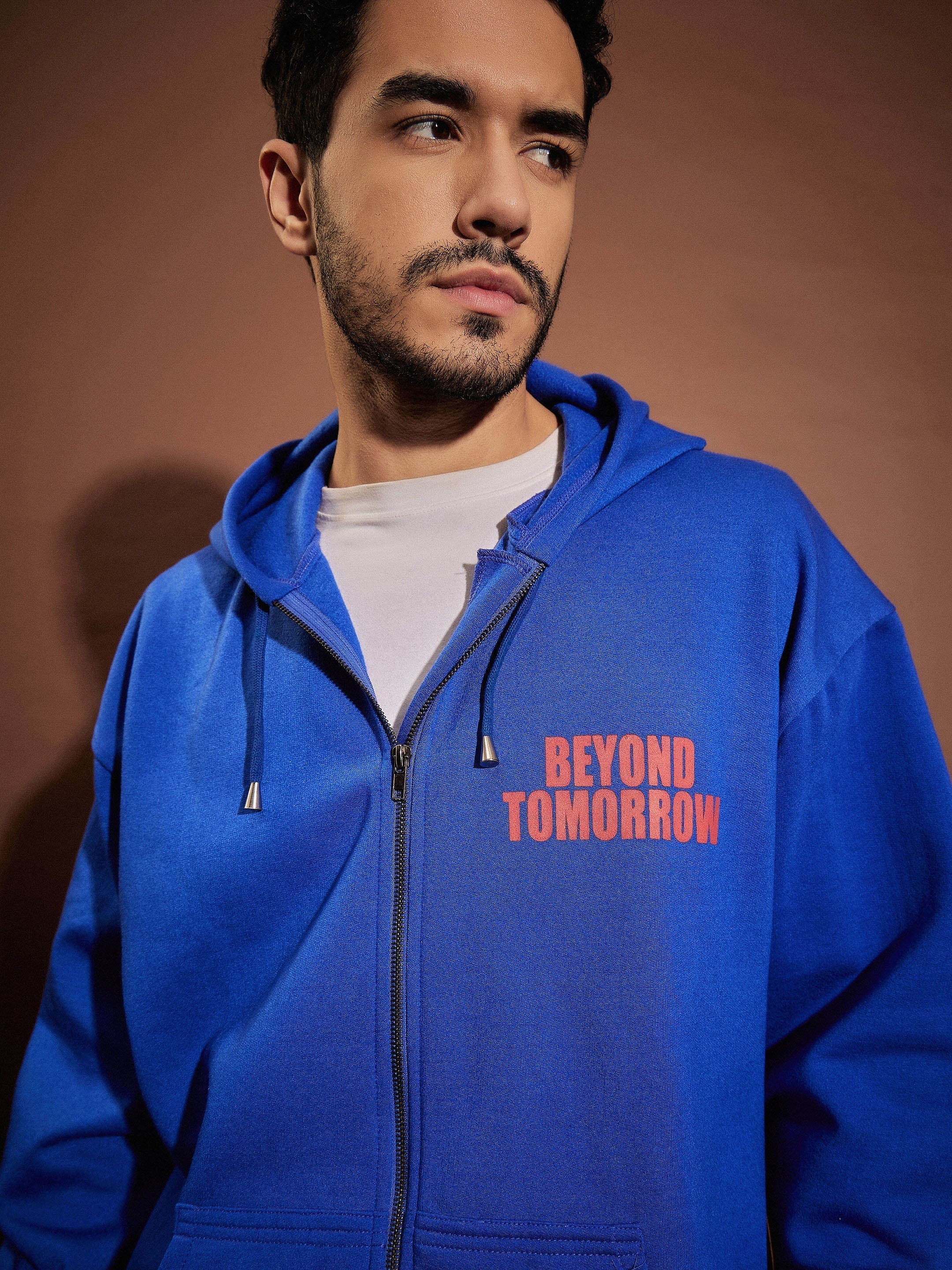Men Blue Oversized Zipper Hoodie - Image 5
