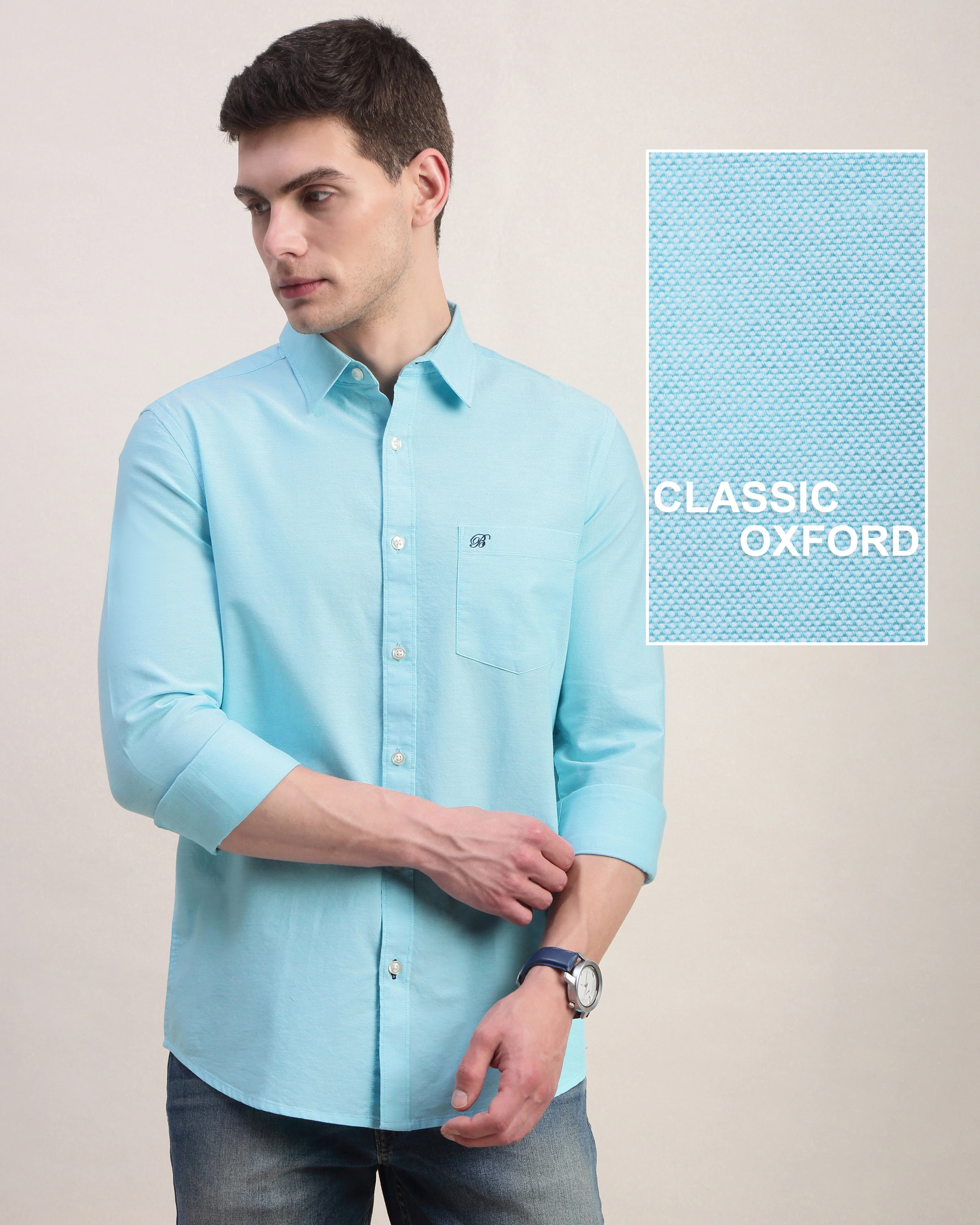 Men Blue Oxford Shirt - Image 9