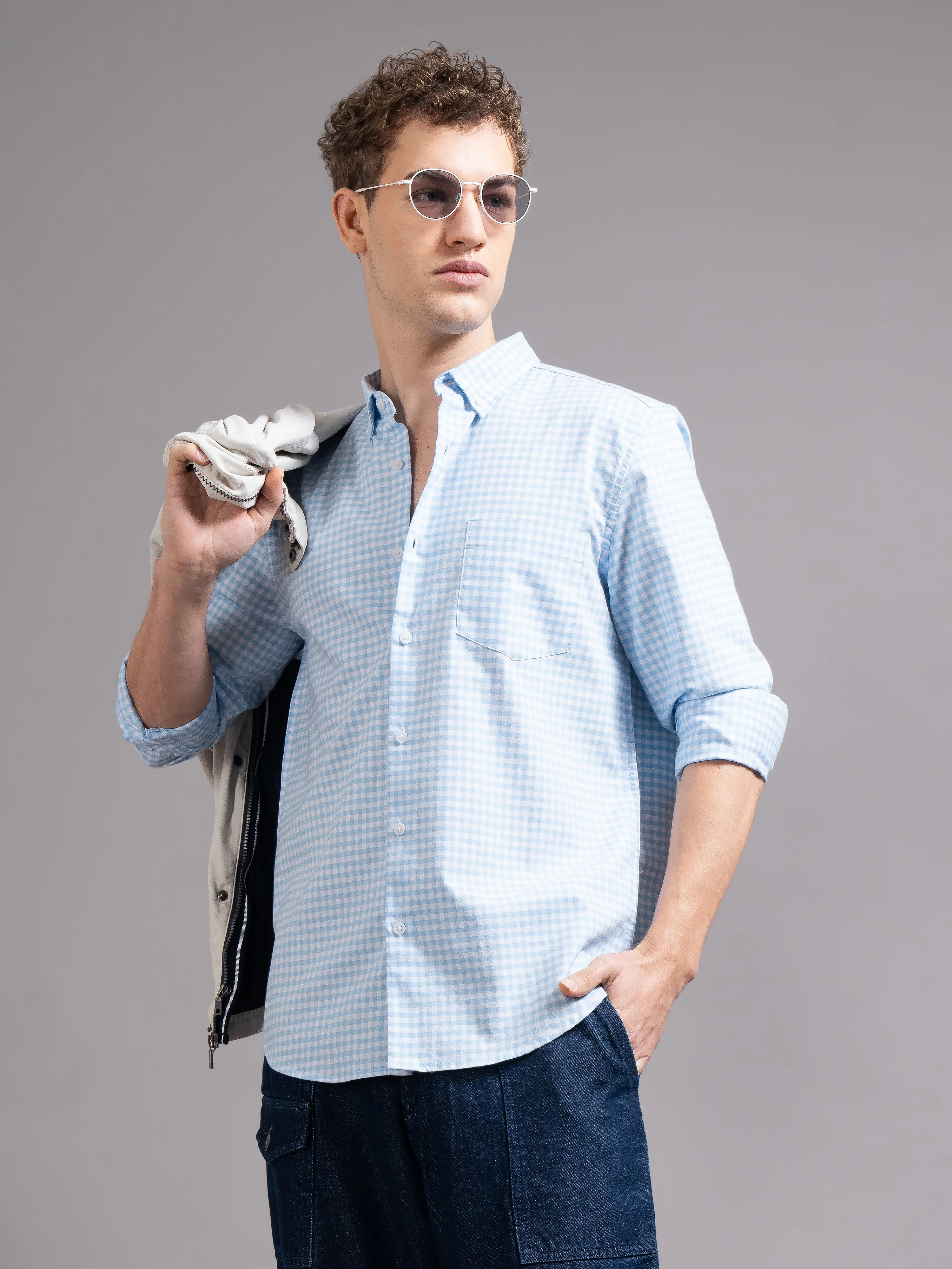 Men Blue Oxford Shirt - Image 7