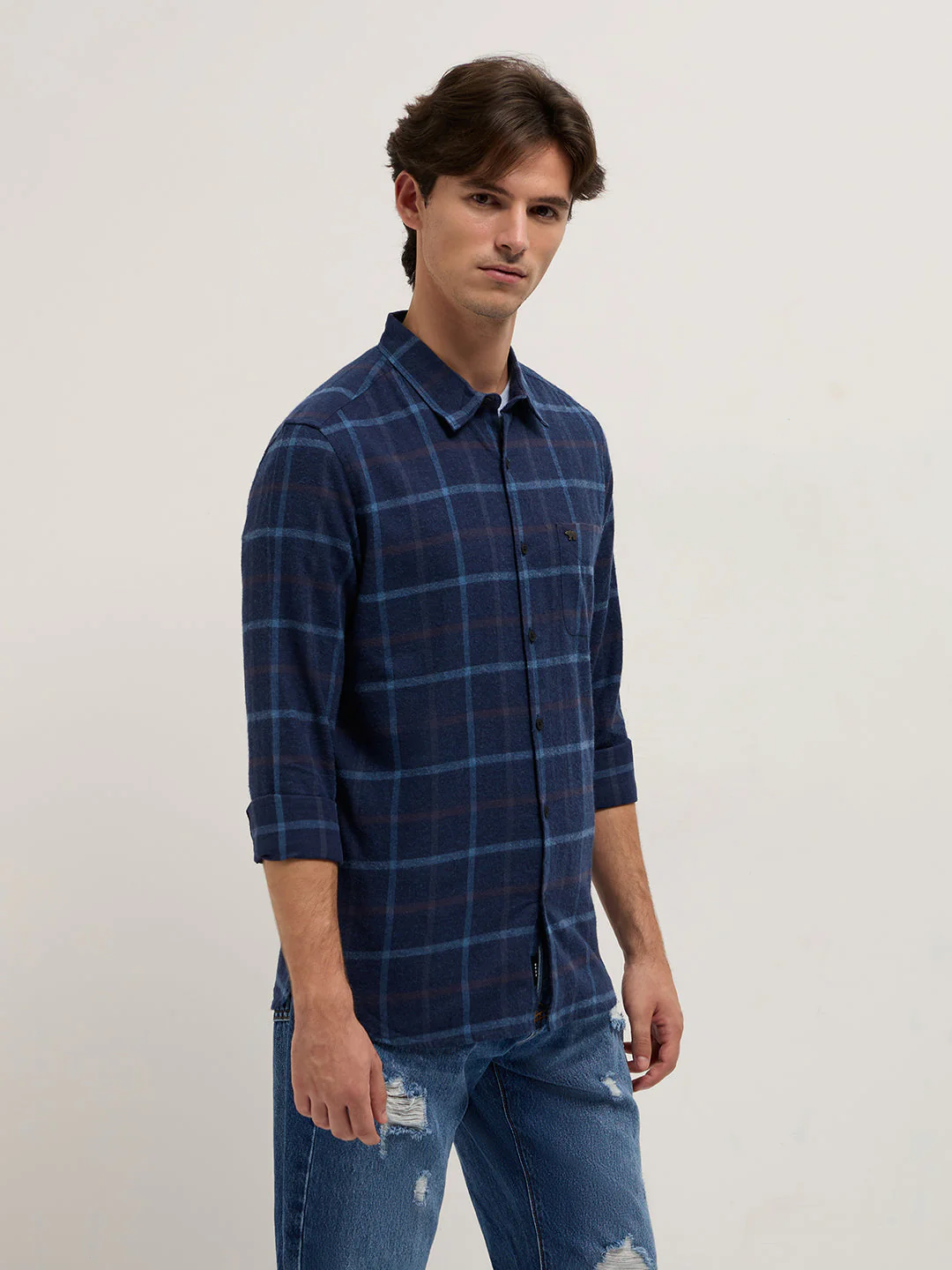 Men Blue Plaid Checks Design Slim Fit Casual Shirt - Image 3