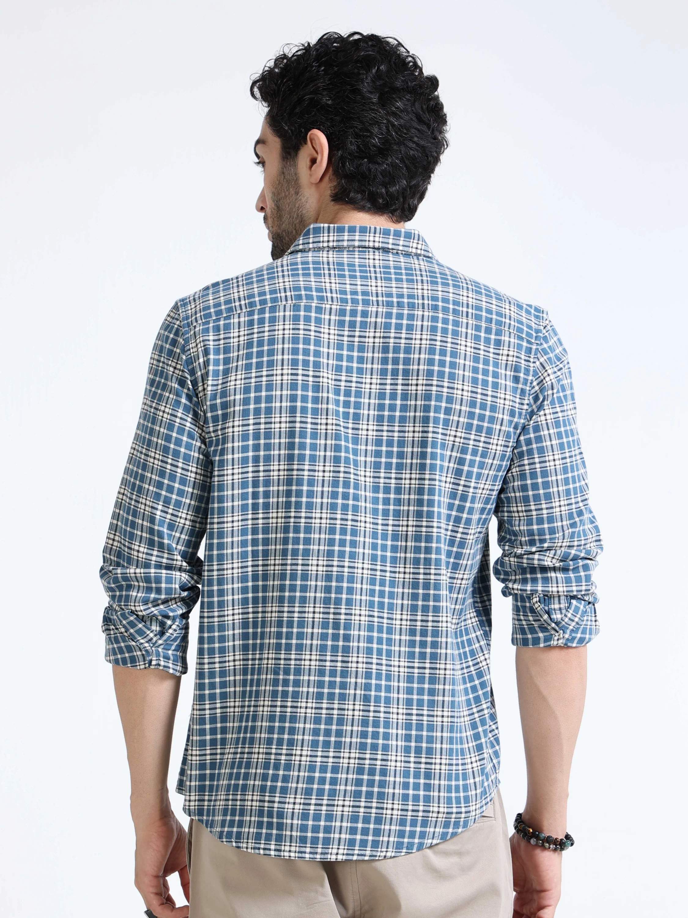 Men Blue Plaid Regular Fit Shirt - Image 3