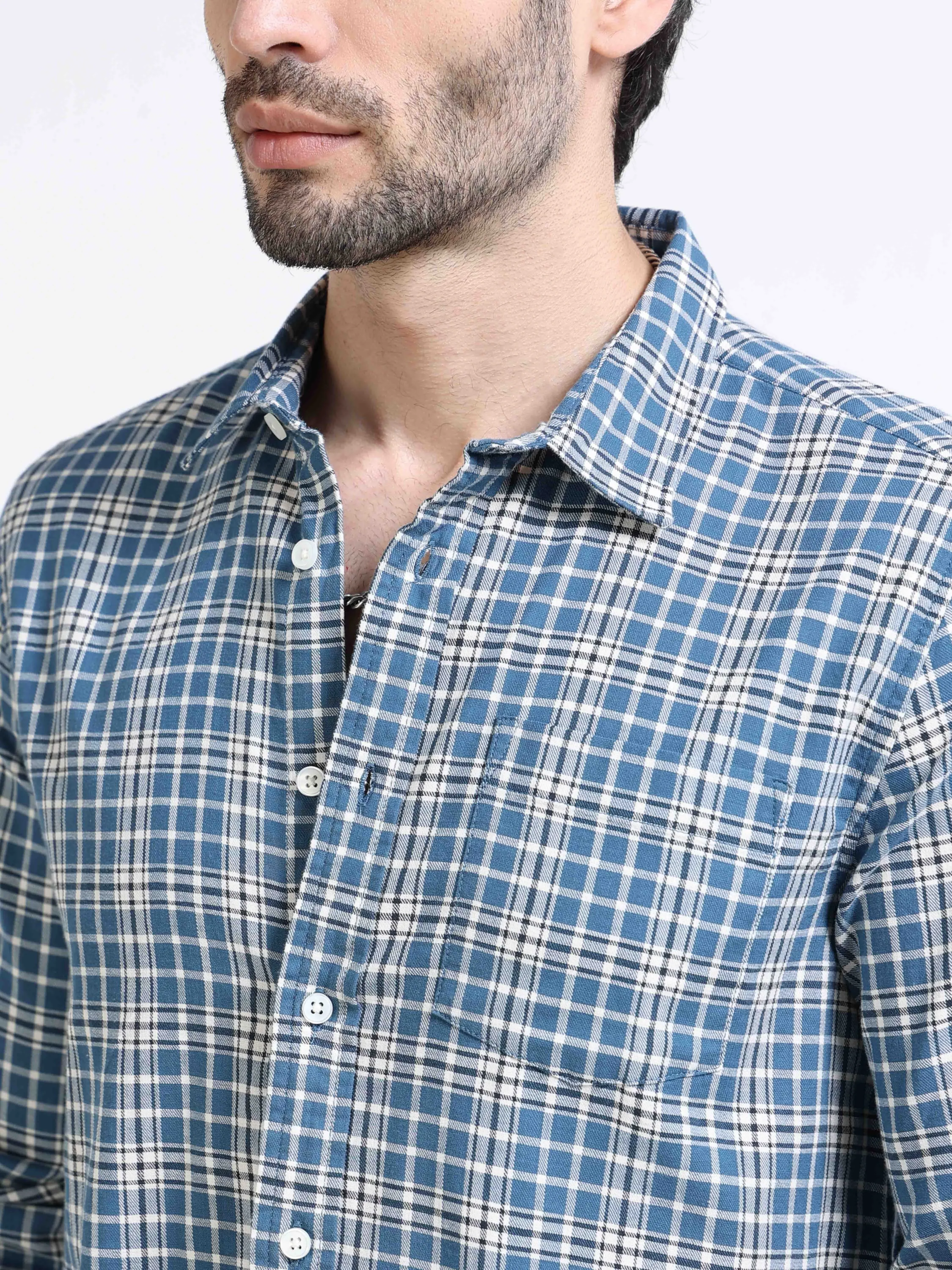 Men Blue Plaid Regular Fit Shirt - Image 4