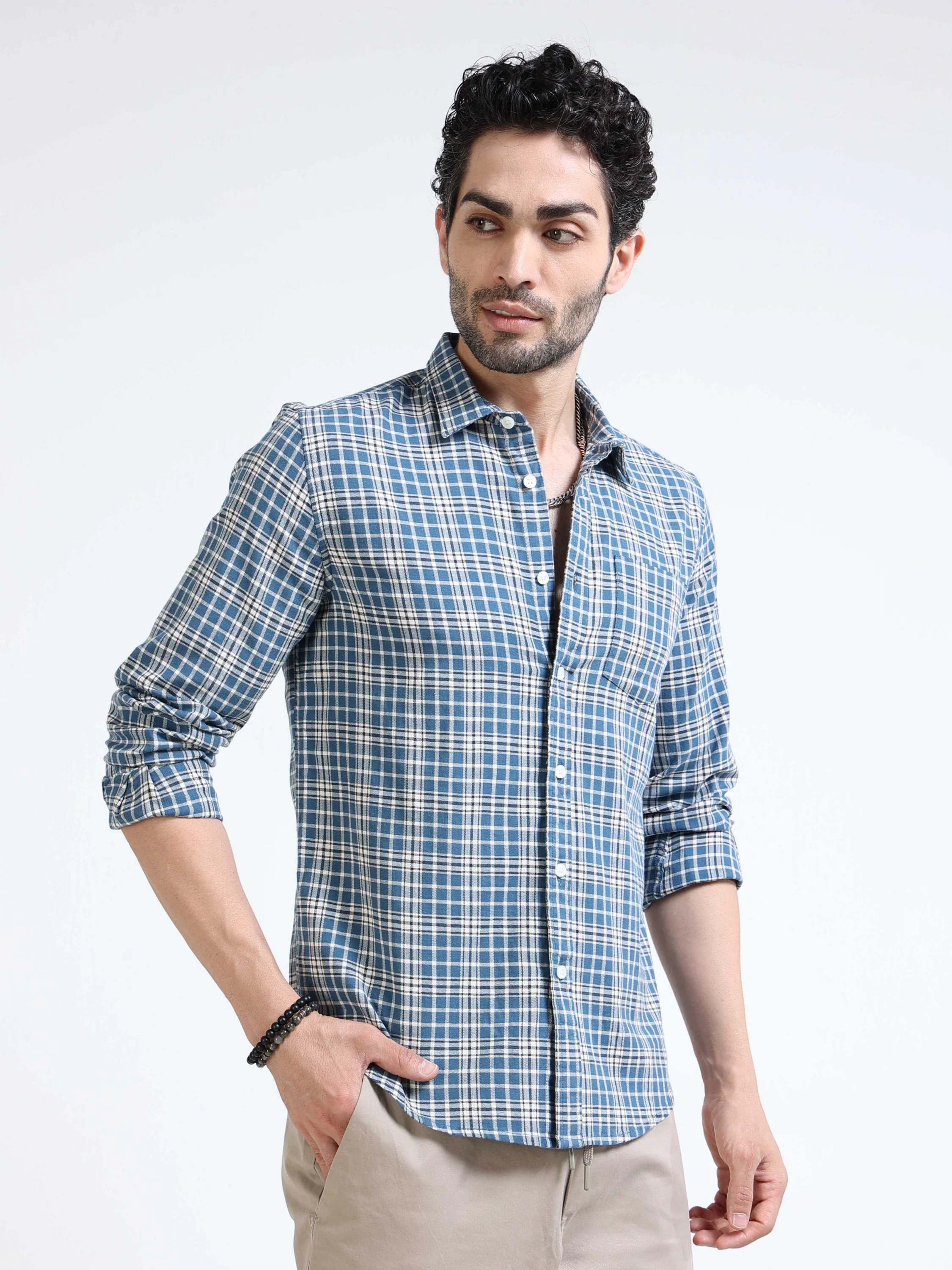 Men Blue Plaid Regular Fit Shirt - Image 5